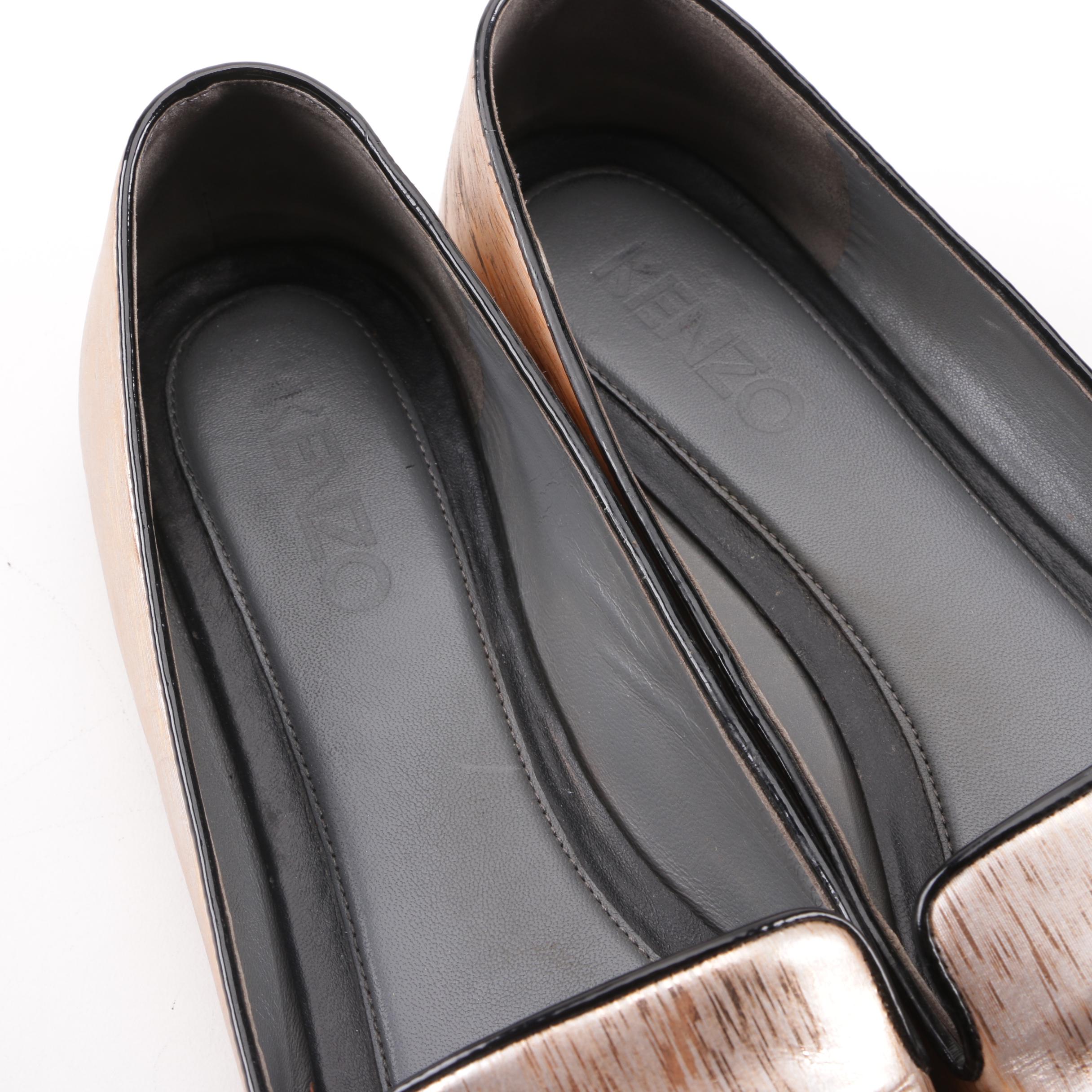 Kenzo Metallic Rose Gold Leather Embroidered Eye Flats