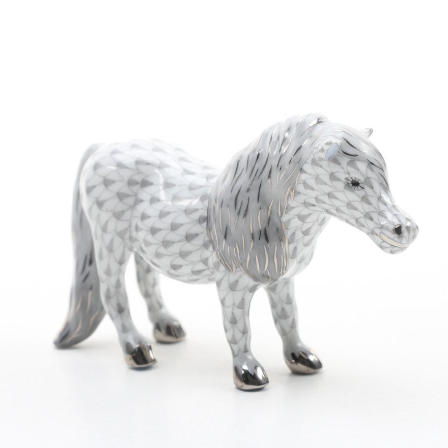 Herend Grey Fishnet with Platinum "Shetland Pony" Porcelain Figurine
