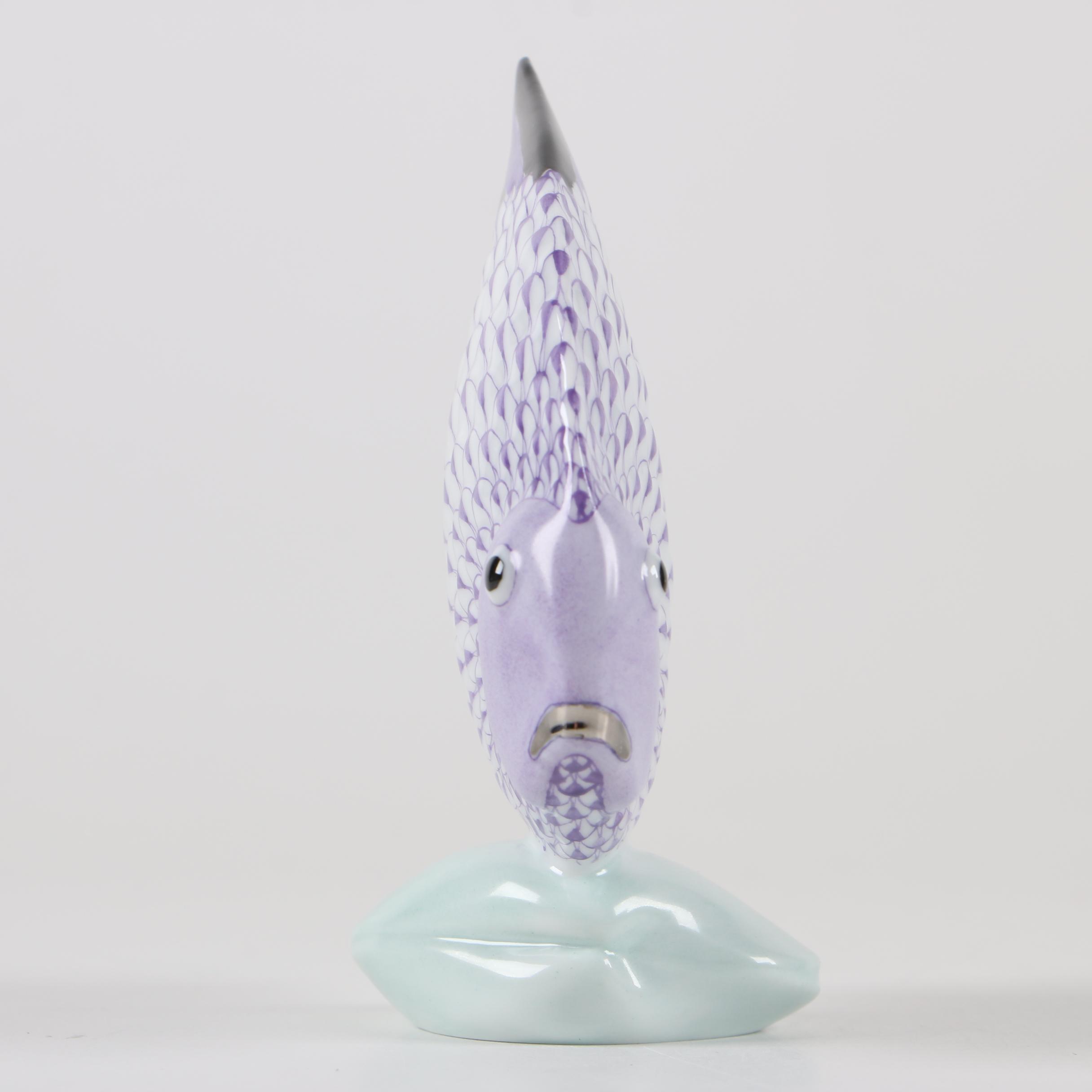 Herend Lavender Fishnet with Platinum "Fish on a Shell" Porcelain Figurine