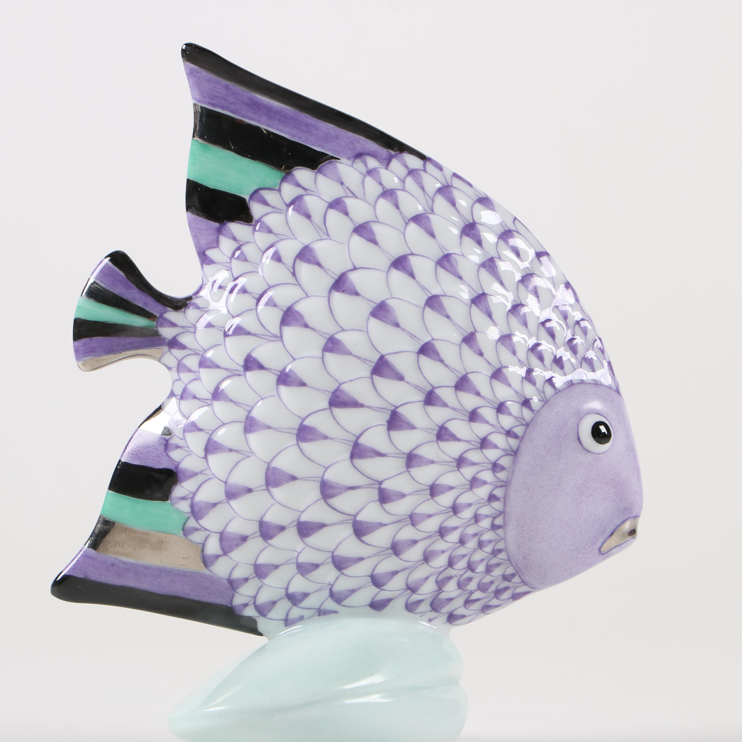 Herend Lavender Fishnet with Platinum "Fish on a Shell" Porcelain Figurine
