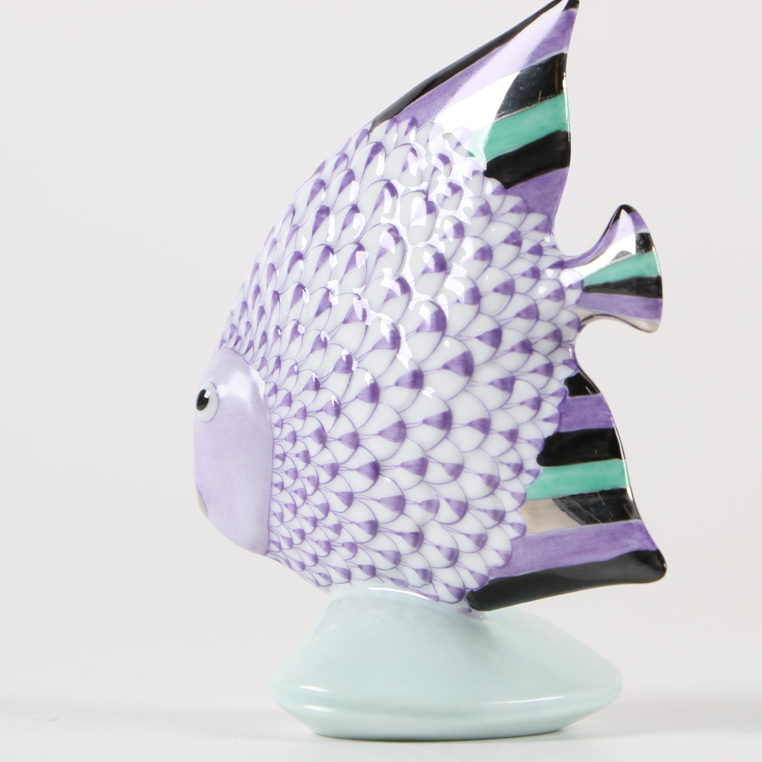 Herend Lavender Fishnet with Platinum "Fish on a Shell" Porcelain Figurine