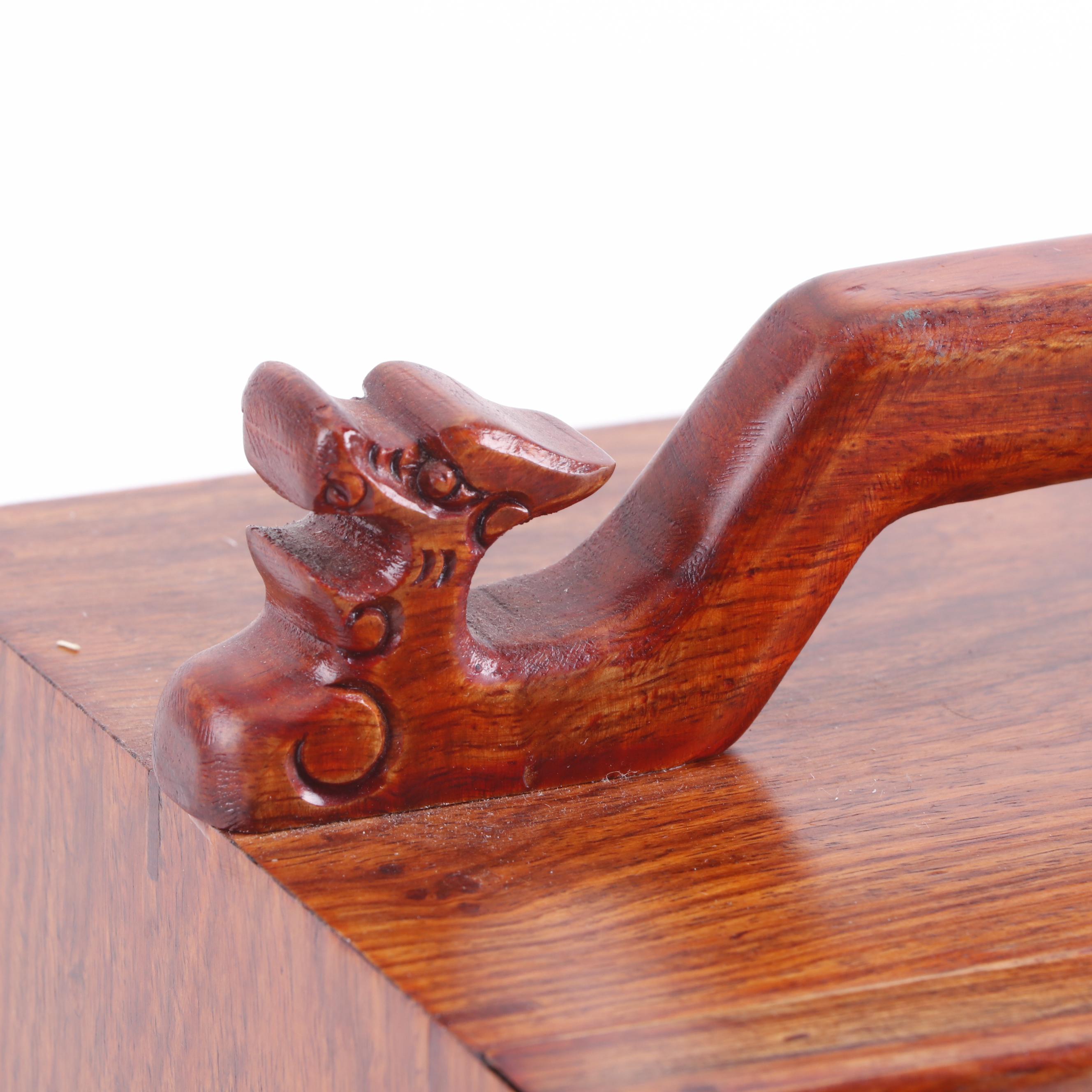 Mahjong Game Set in Carved Wooden Box with Dragon Motif