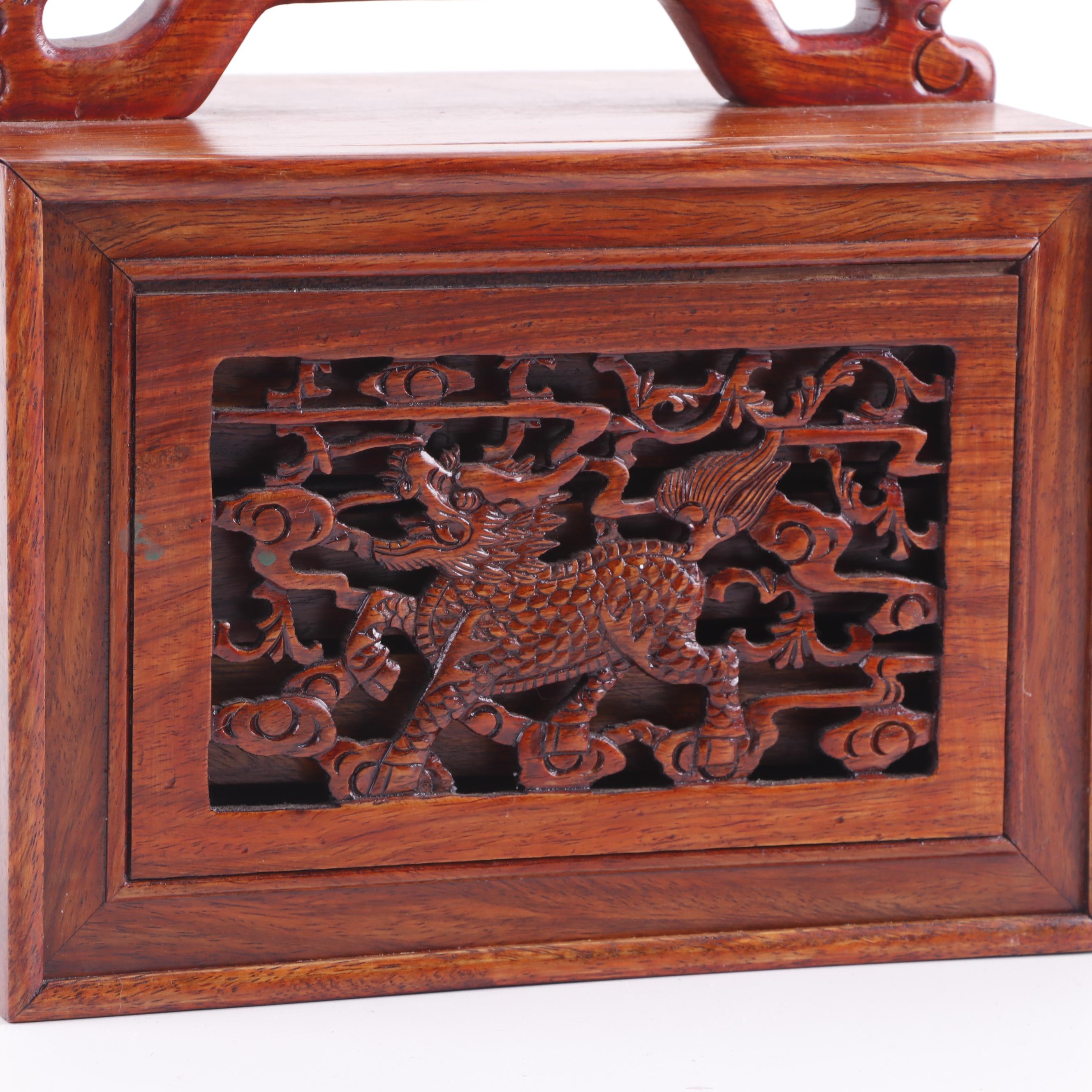 Mahjong Game Set in Carved Wooden Box with Dragon Motif