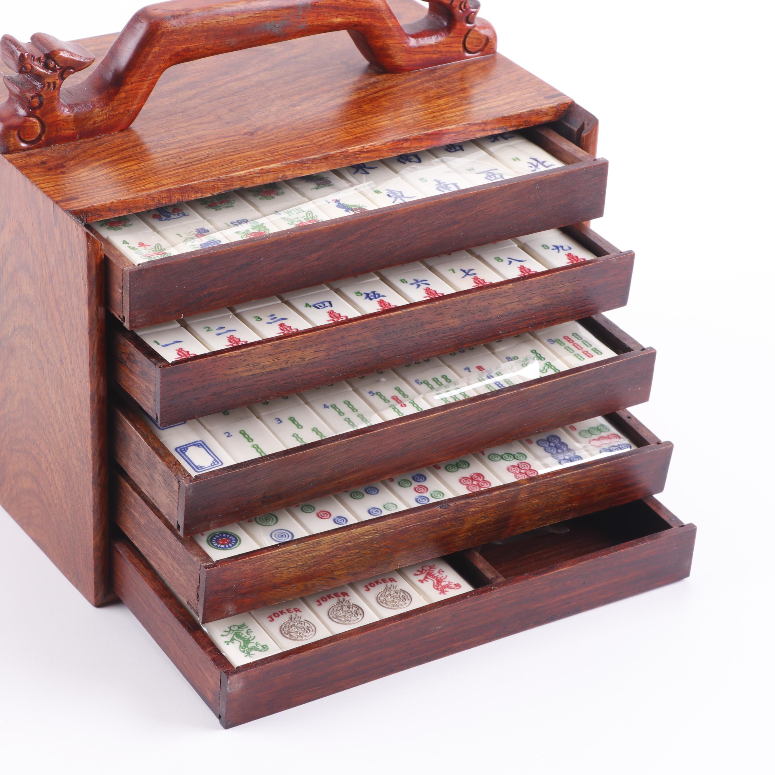 Mahjong Game Set in Carved Wooden Box with Dragon Motif