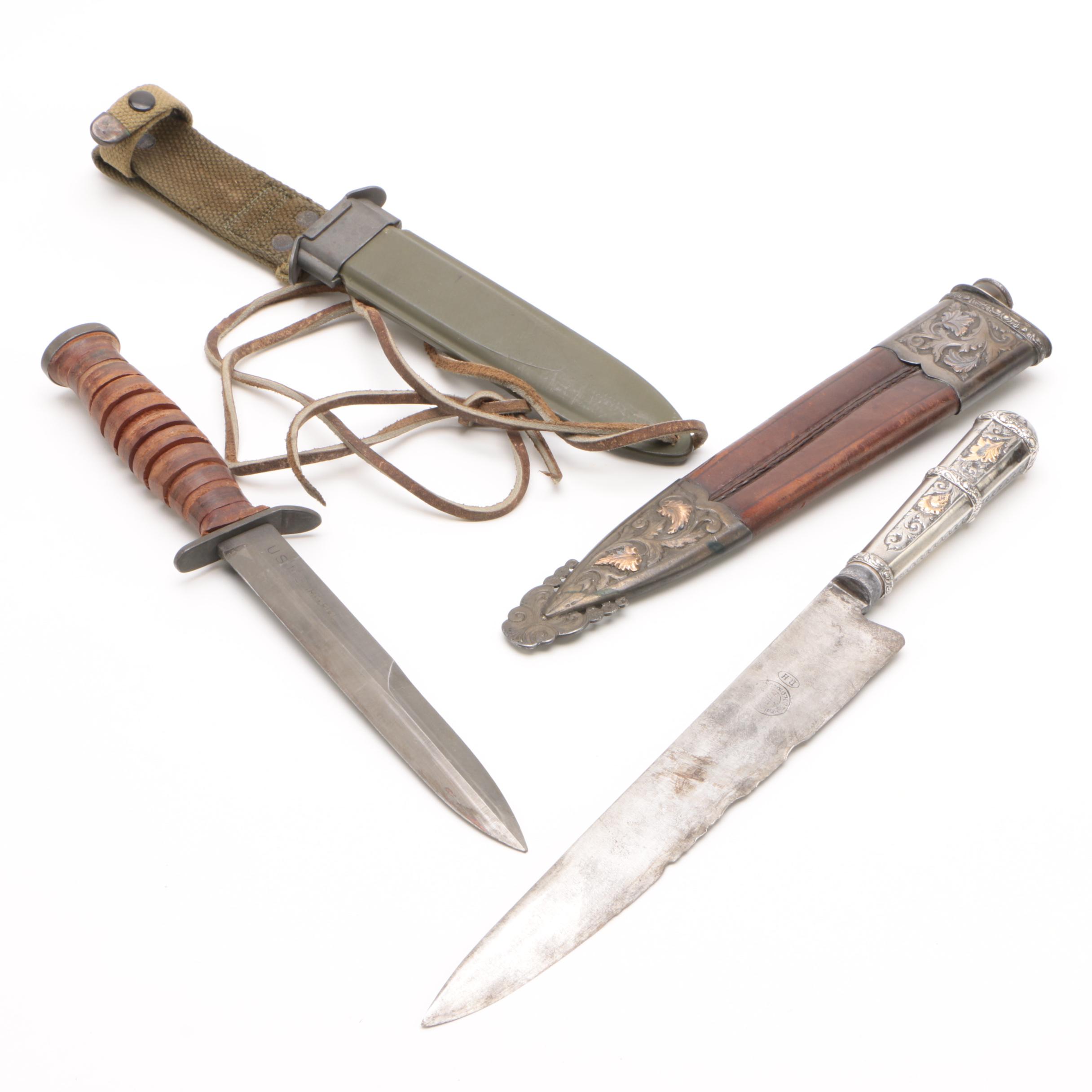 Imperial Knife Co. M3 Trench Knife and Silver Plate Knife with Sheaths