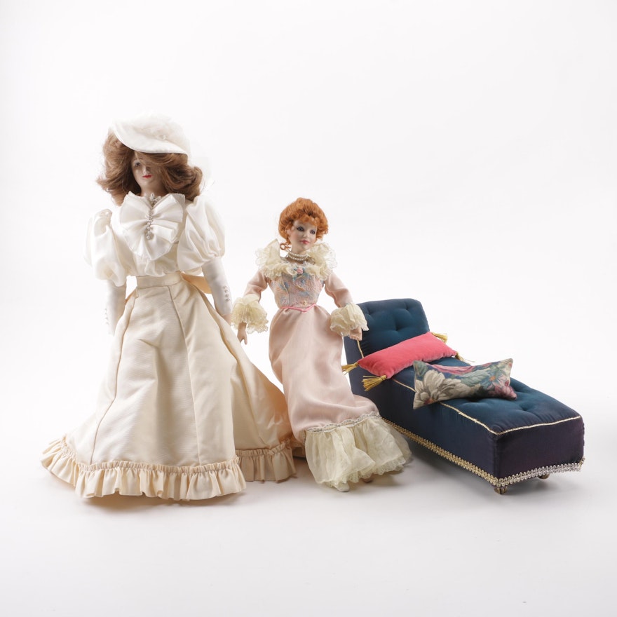 J. Belle and Melba Stewart Victorian Style Dolls with Fainting Couch