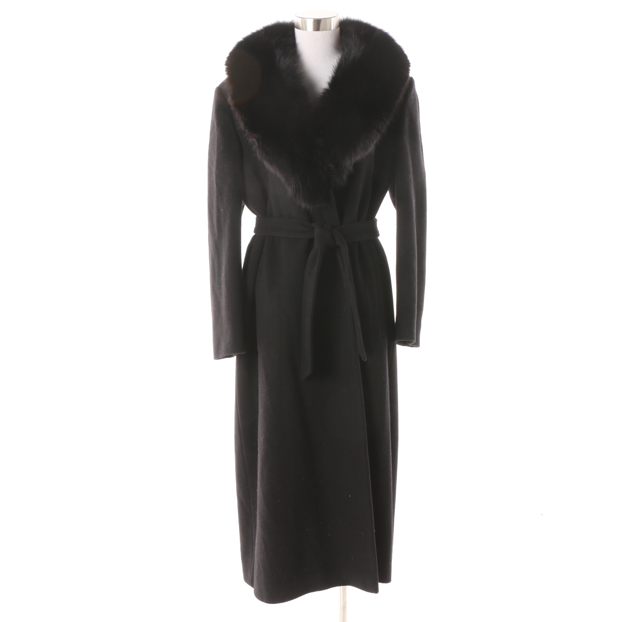 Women's Vintage Black Cashmere Blend Wrap Coat with Fox Fur Collar