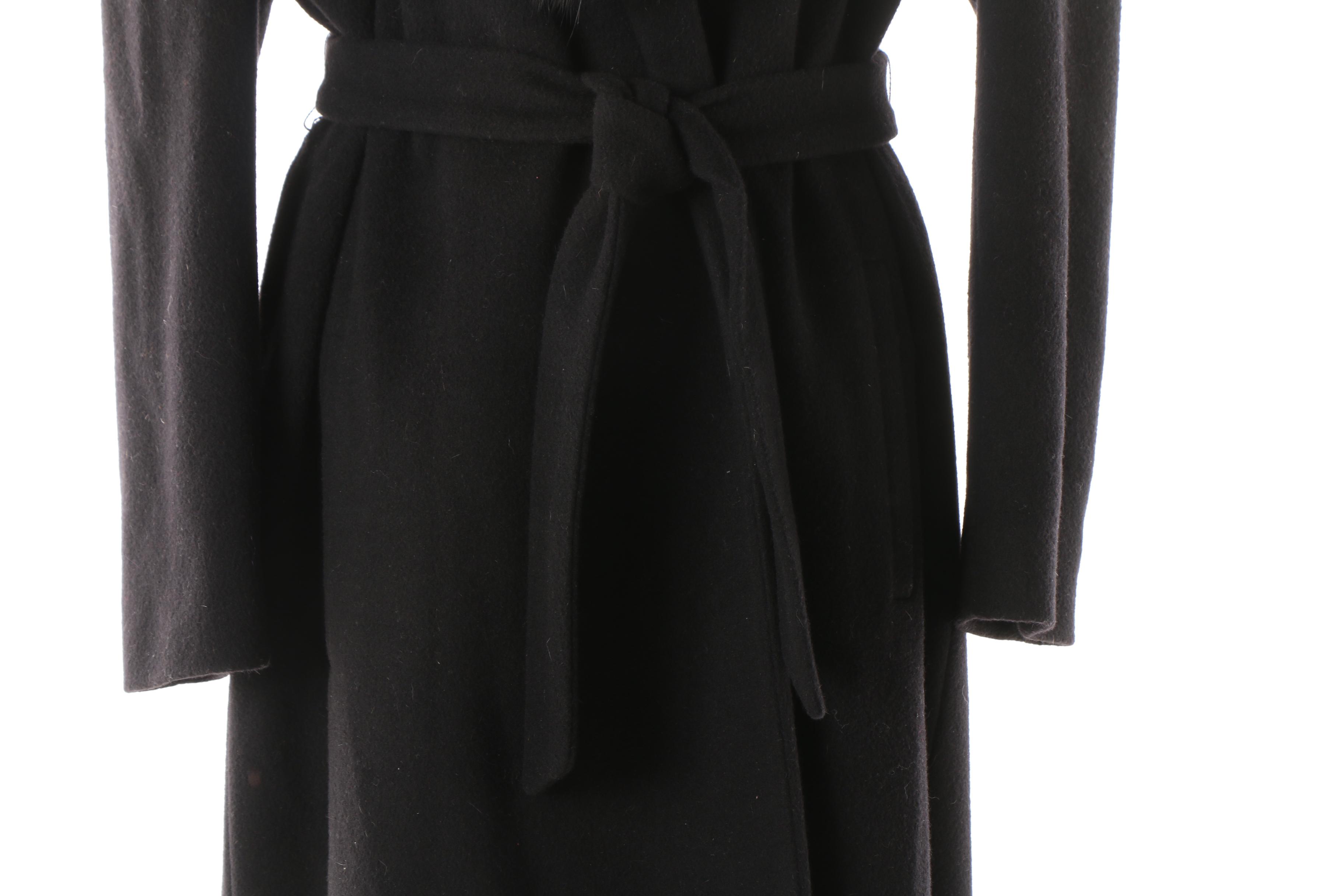 Women's Vintage Black Cashmere Blend Wrap Coat with Fox Fur Collar