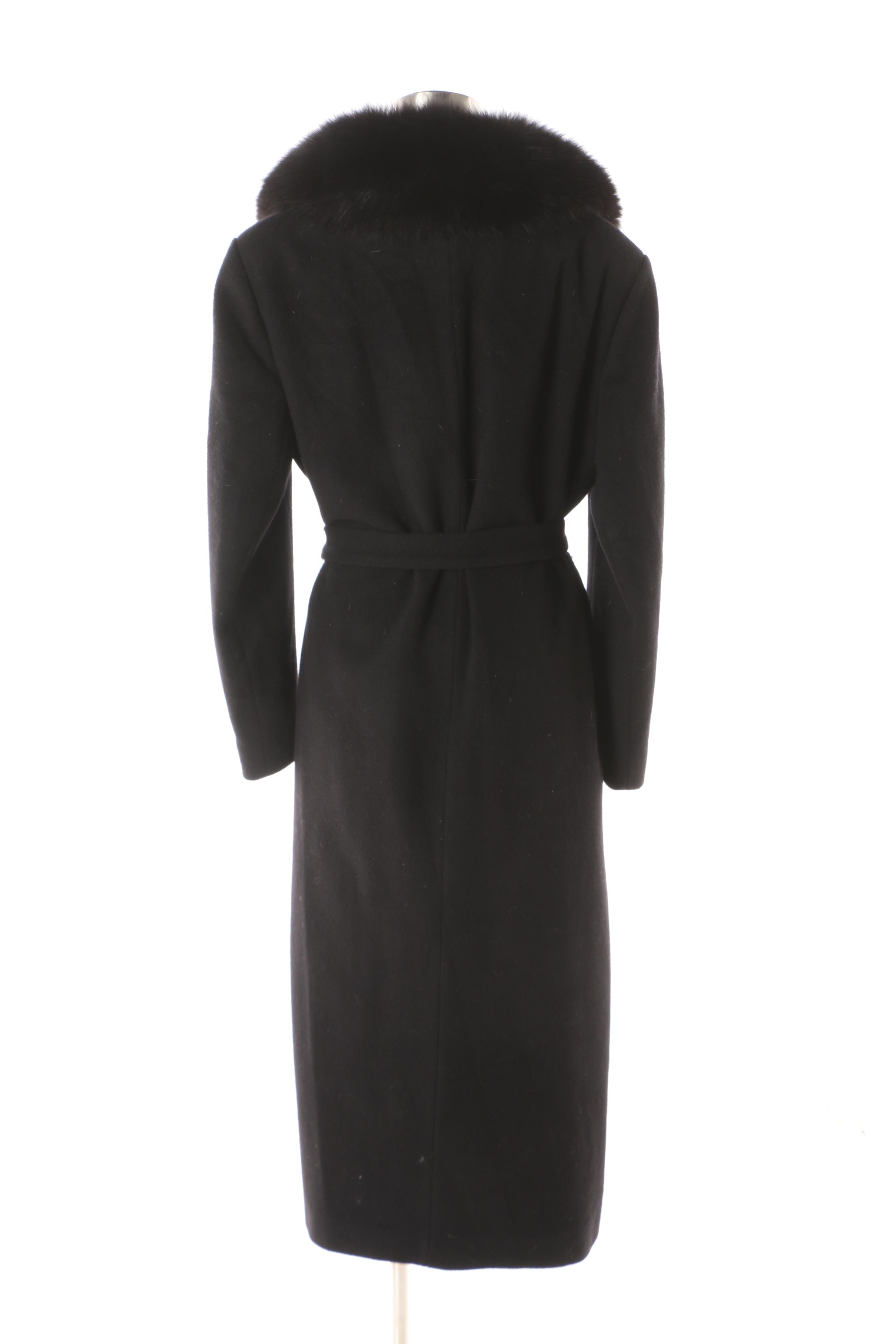 Women's Vintage Black Cashmere Blend Wrap Coat with Fox Fur Collar