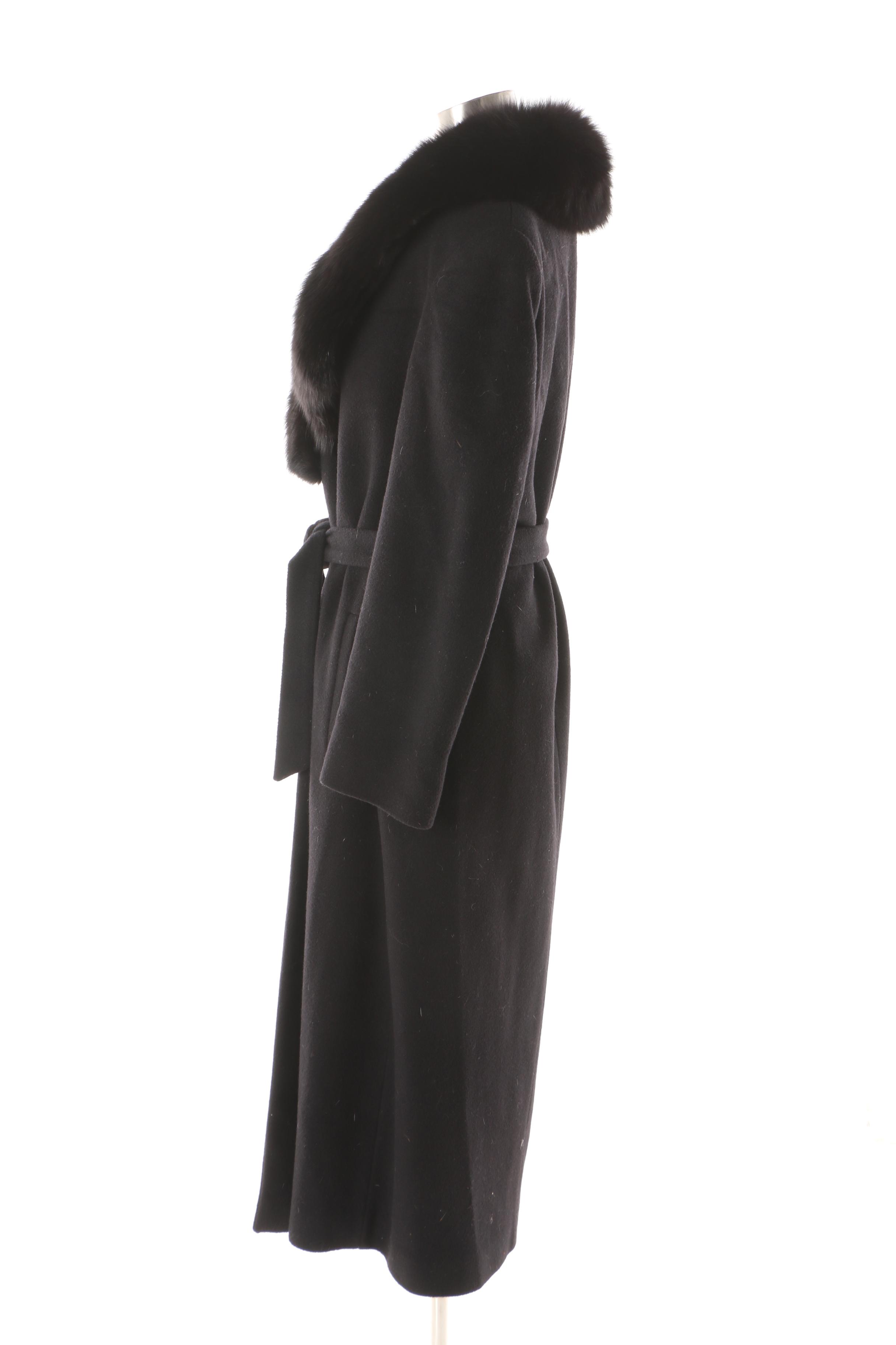 Women's Vintage Black Cashmere Blend Wrap Coat with Fox Fur Collar