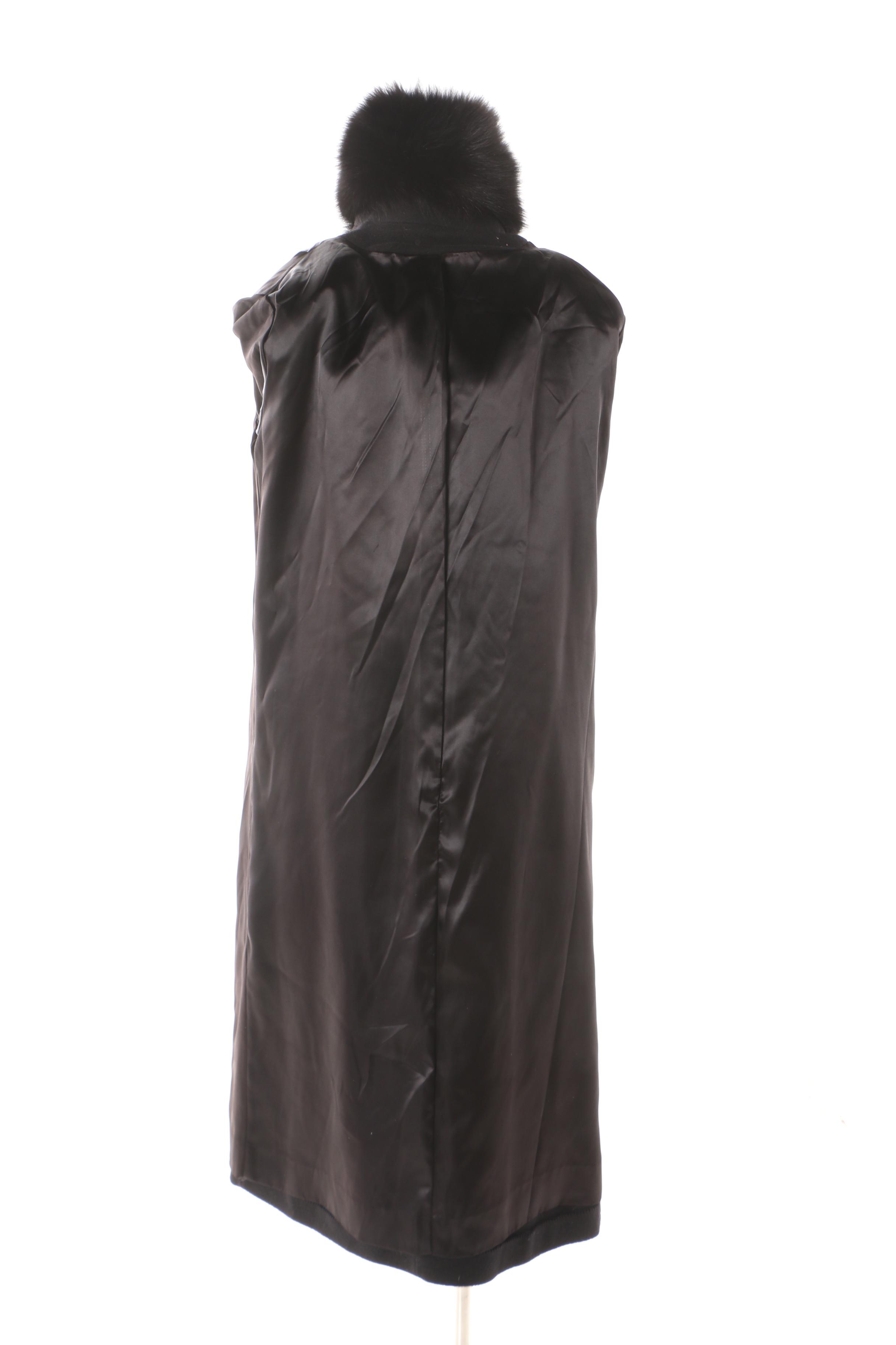 Women's Vintage Black Cashmere Blend Wrap Coat with Fox Fur Collar