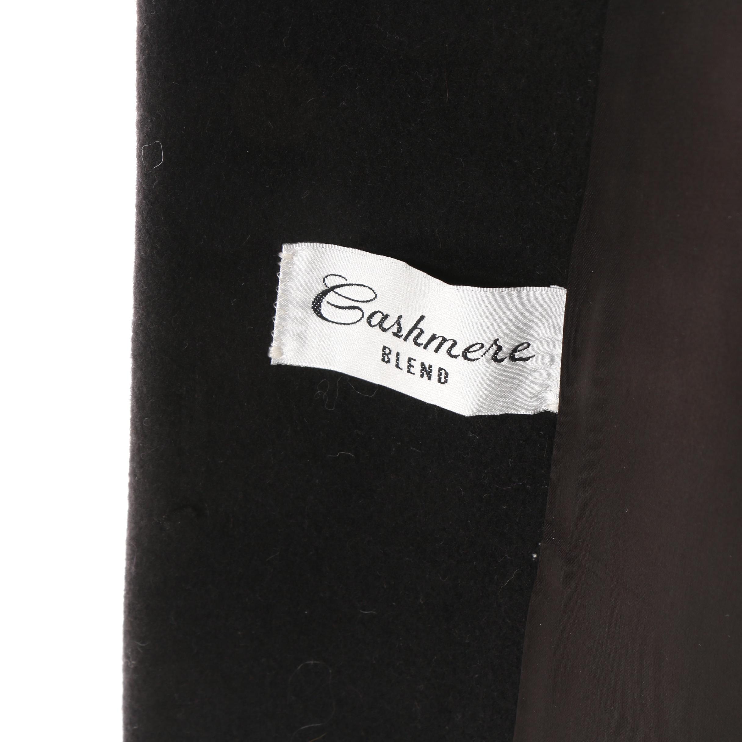 Women's Vintage Black Cashmere Blend Wrap Coat with Fox Fur Collar