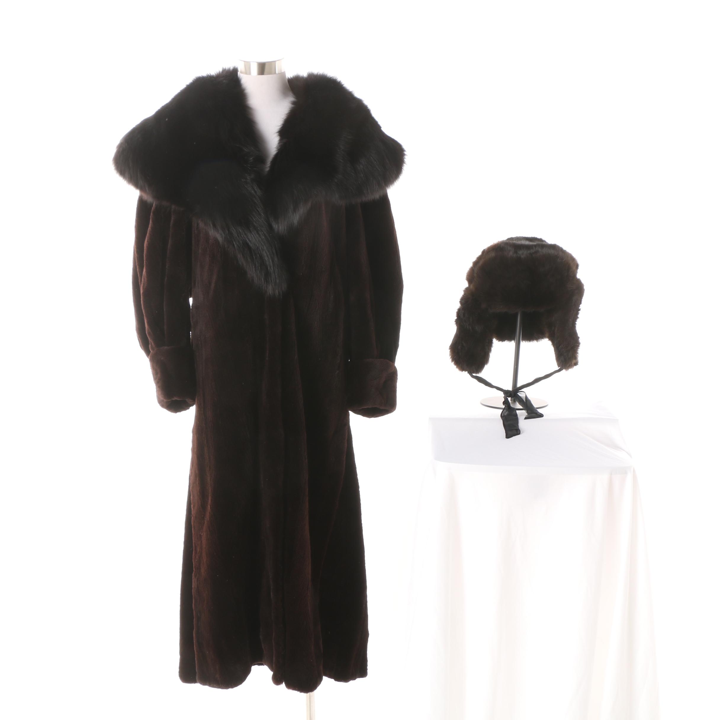 Brown Sheared Mink Fur Coat with Black Fox Fur Collar and Mink Fur Ushanka Hat