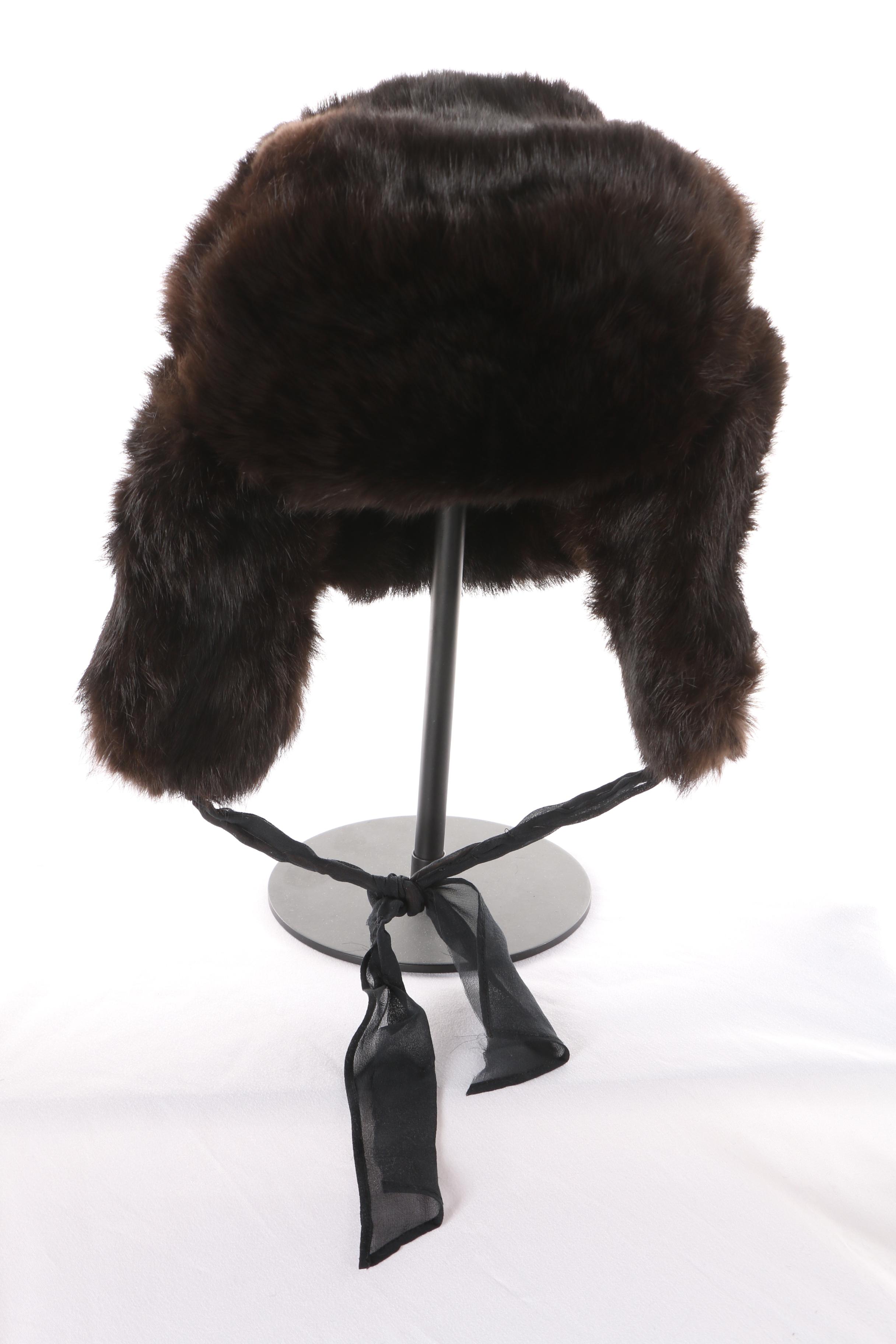 Brown Sheared Mink Fur Coat with Black Fox Fur Collar and Mink Fur Ushanka Hat