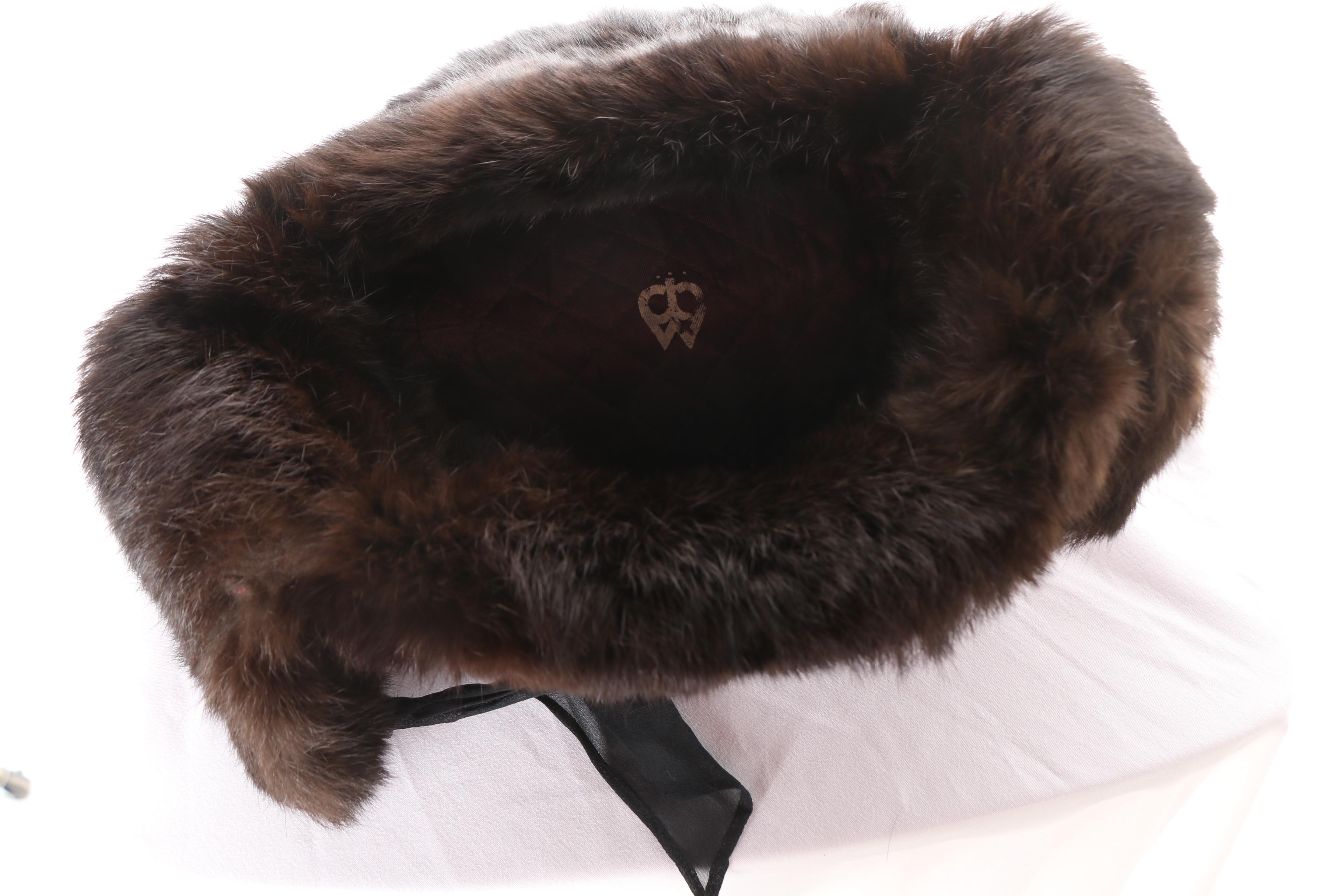 Brown Sheared Mink Fur Coat with Black Fox Fur Collar and Mink Fur Ushanka Hat
