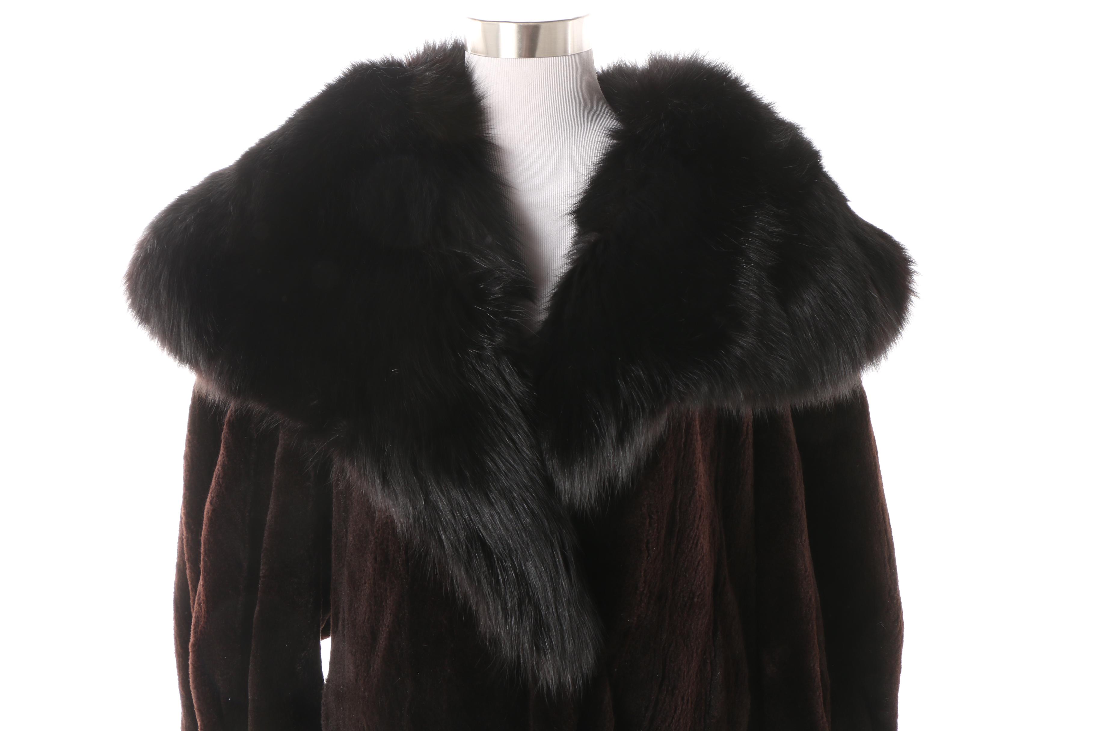 Brown Sheared Mink Fur Coat with Black Fox Fur Collar and Mink Fur Ushanka Hat