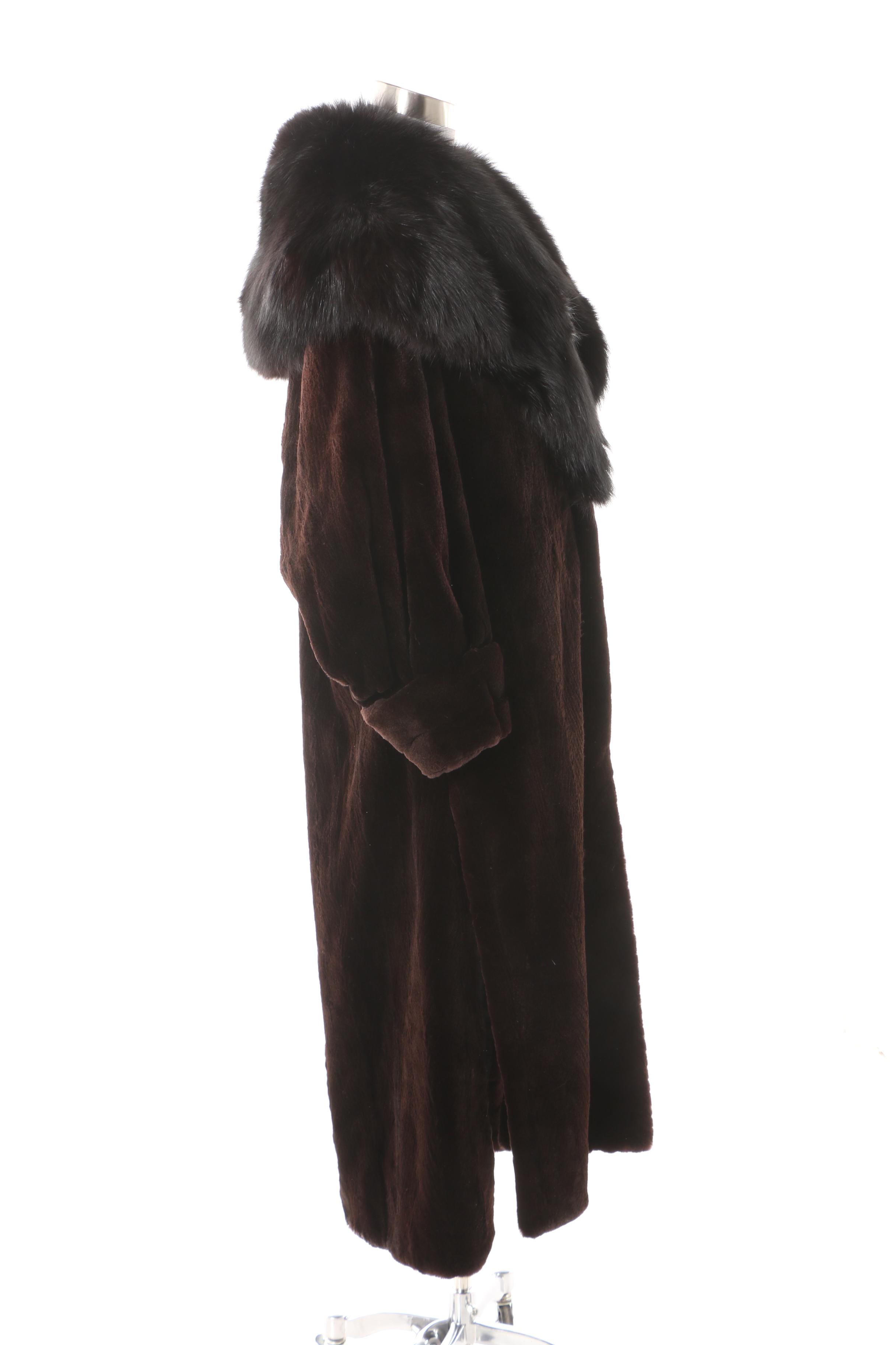 Brown Sheared Mink Fur Coat with Black Fox Fur Collar and Mink Fur Ushanka Hat