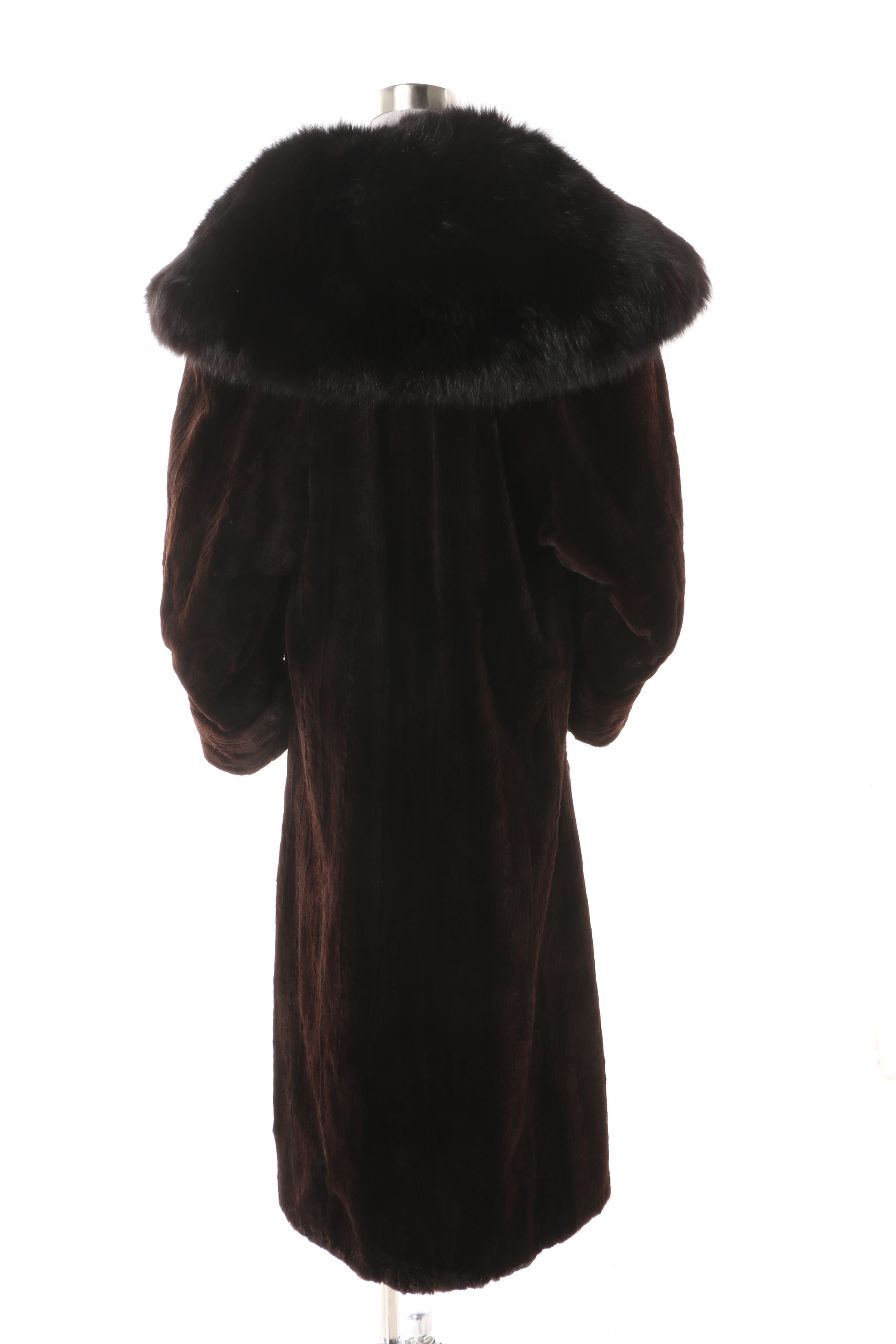 Brown Sheared Mink Fur Coat with Black Fox Fur Collar and Mink Fur Ushanka Hat