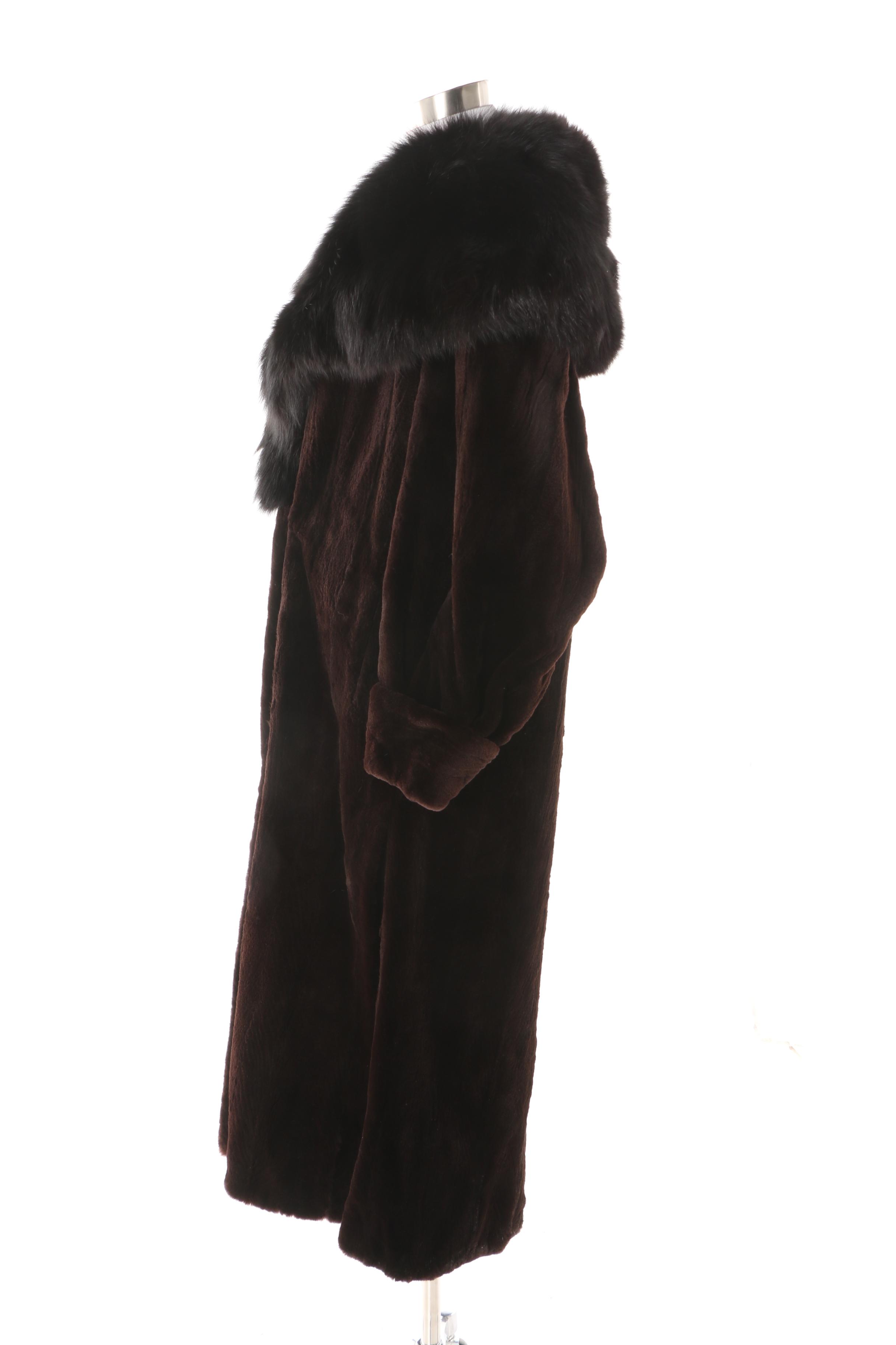 Brown Sheared Mink Fur Coat with Black Fox Fur Collar and Mink Fur Ushanka Hat