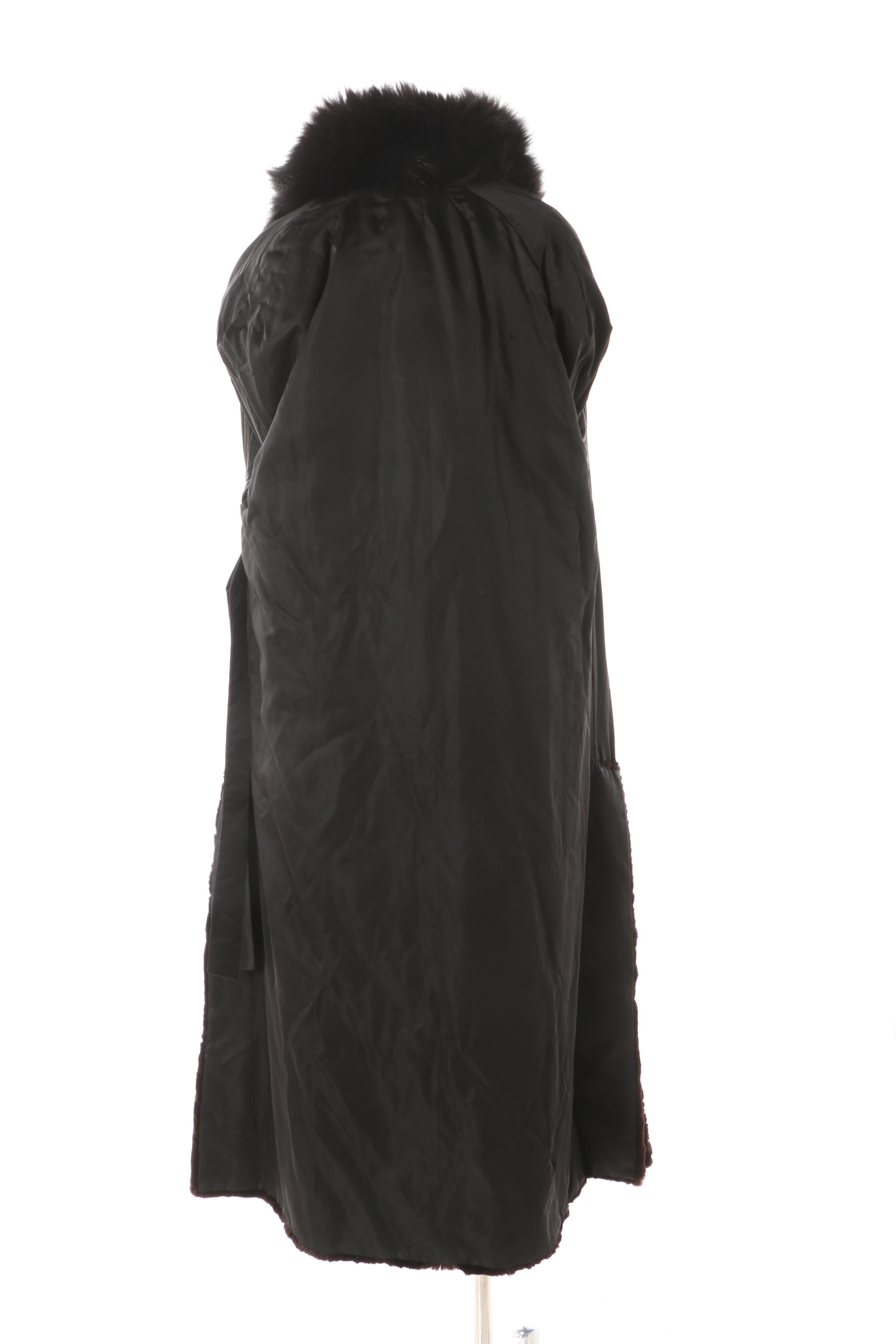 Brown Sheared Mink Fur Coat with Black Fox Fur Collar and Mink Fur Ushanka Hat