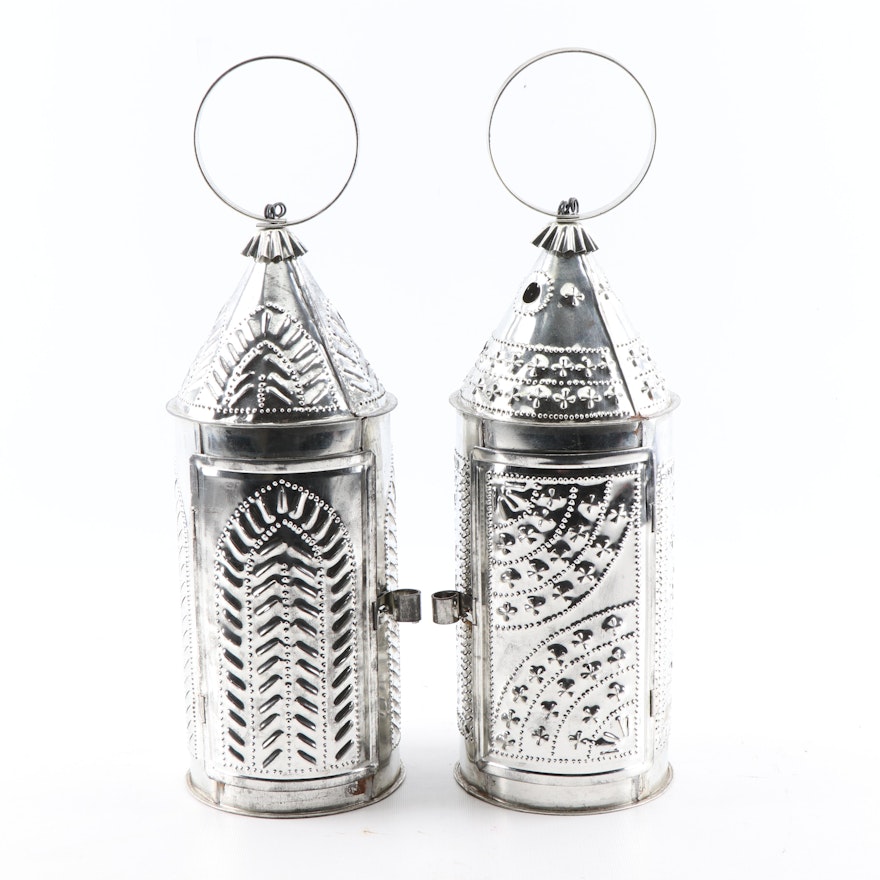 Punched Tin Candle Lanterns with Ring Handles