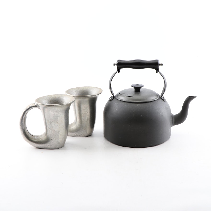 Calphalon Tea Kettle with Pewter Horn Mugs