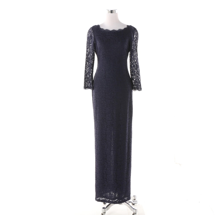 Adrianna Papell Navy Lace Gown with Back Slit