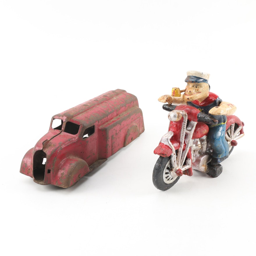 Hubley Cast Iron "Popeye on Patrol" Figurine and Metal Toy Truck, circa 1930