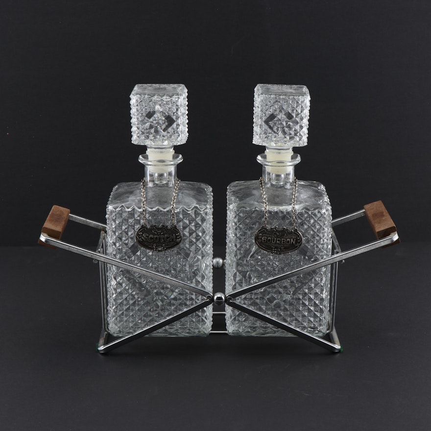 Pair of Glass Decanters with Liquor Tags and Caddy