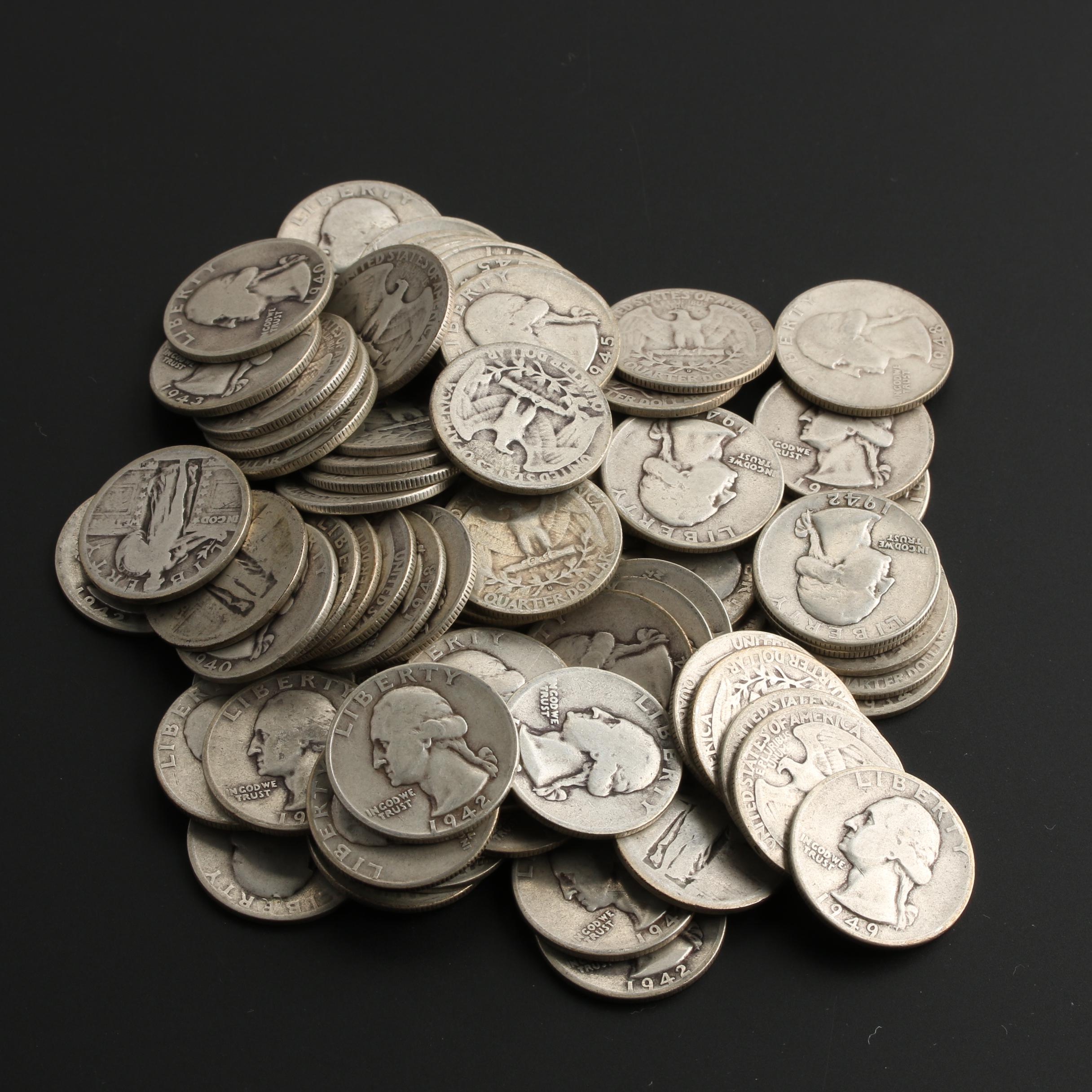 Group of Seventy-Four Washington Silver Quarters From the 1940s