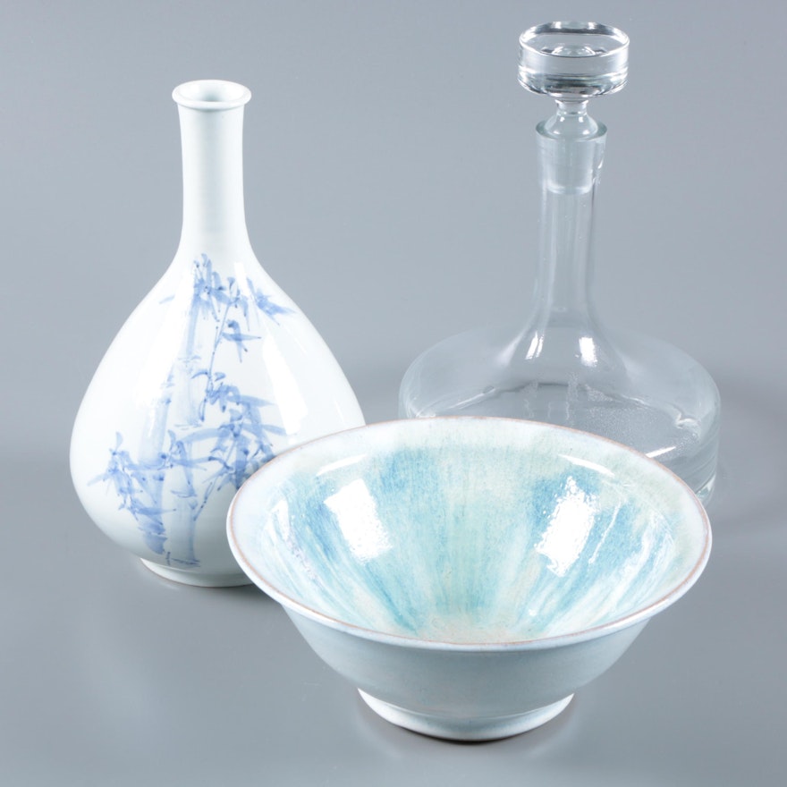 Studio Stoneware Bowl with Ship's Decanter and East Asian Vase