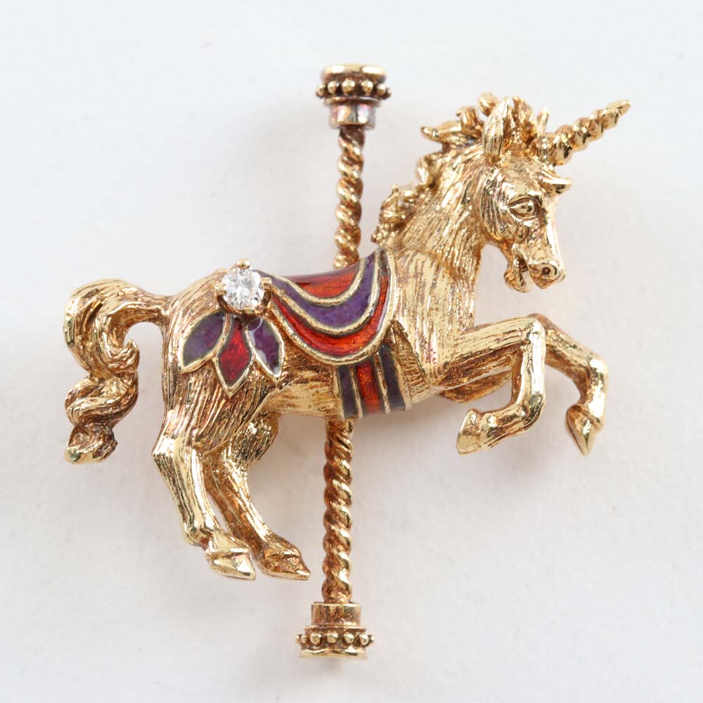 Igor Carl Fabergé 14K Yellow Gold, Diamond, and Enamel Carousel Unicorn Brooch