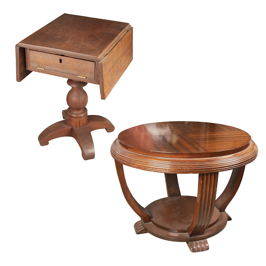 American Empire Style Drop Leaf Side Table and Circular Side Table, 20th C.