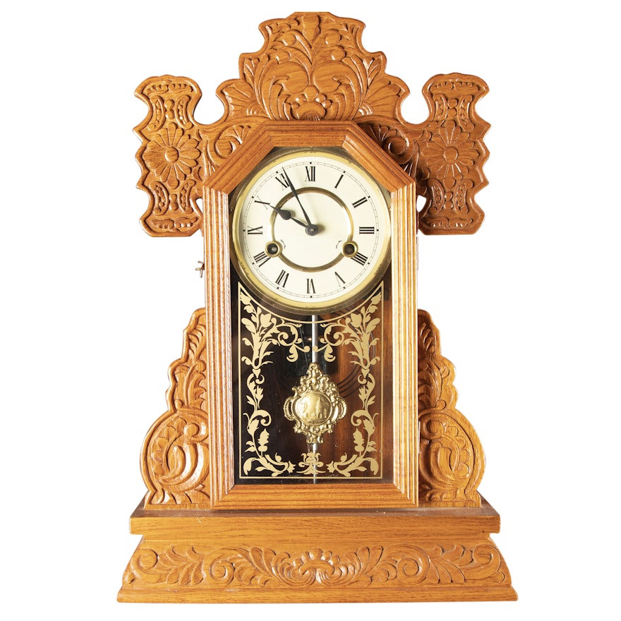 Victorian Style Carved Oak Mantel Clock