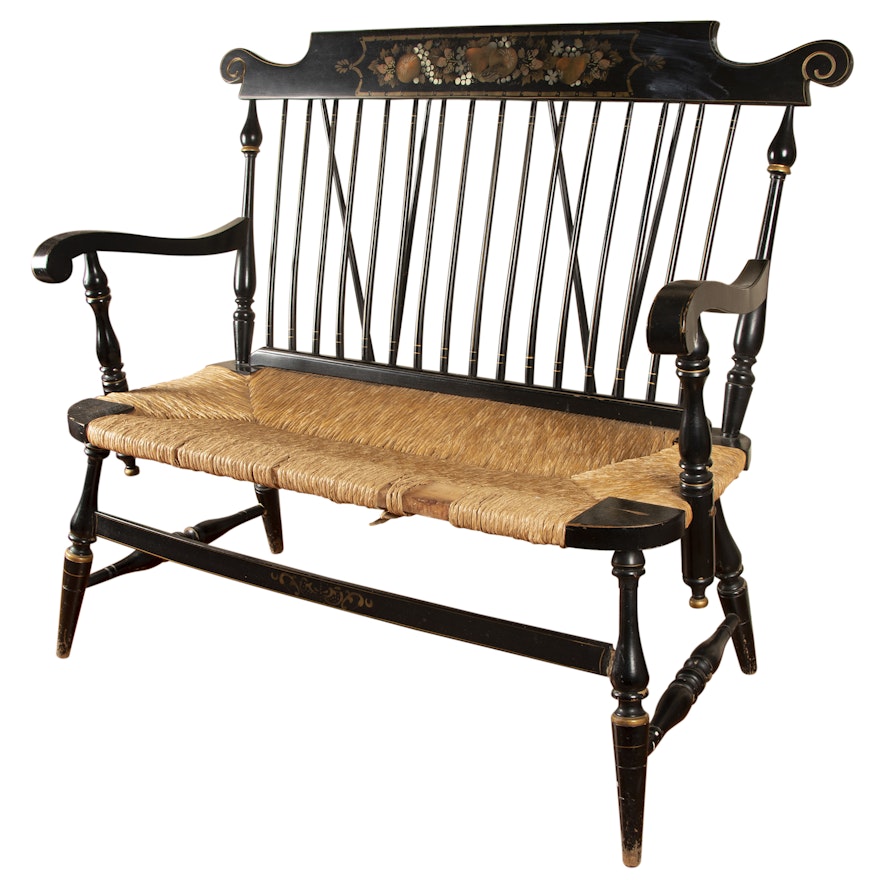 Hitchcock Style Painted Wood Frame Woven Seat Bench, Early 20th Century