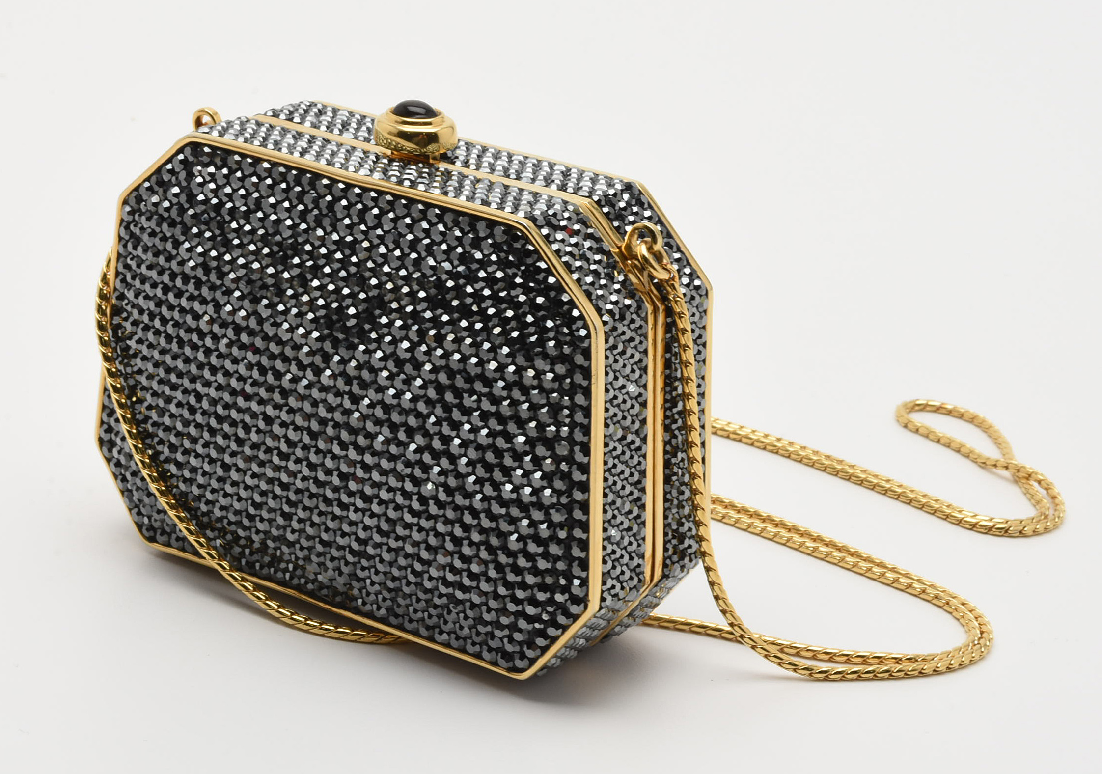 Judith Leiber Black Swarovski Crystal Minaudière Evening Bag with Accoutrements