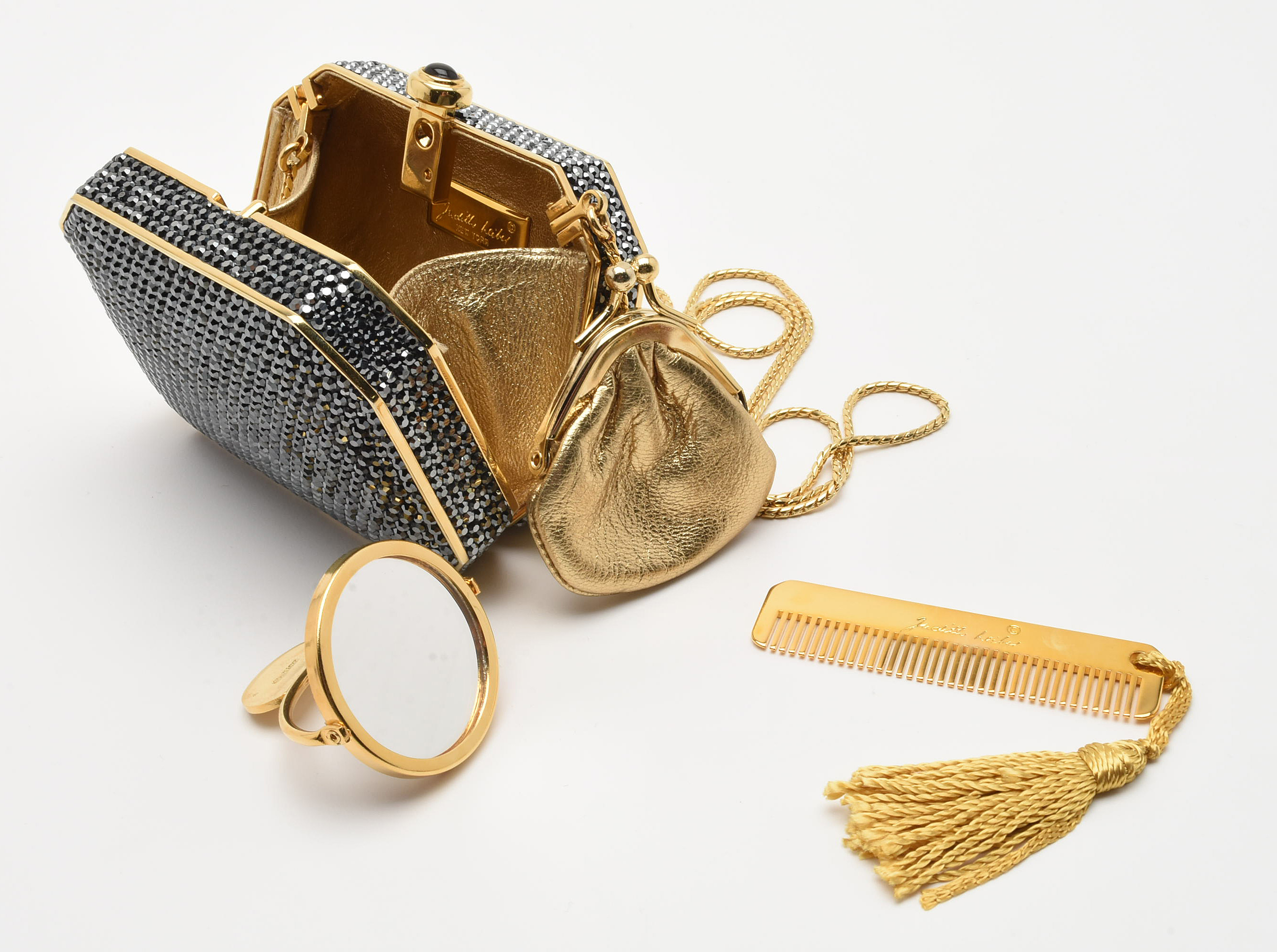 Judith Leiber Black Swarovski Crystal Minaudière Evening Bag with Accoutrements