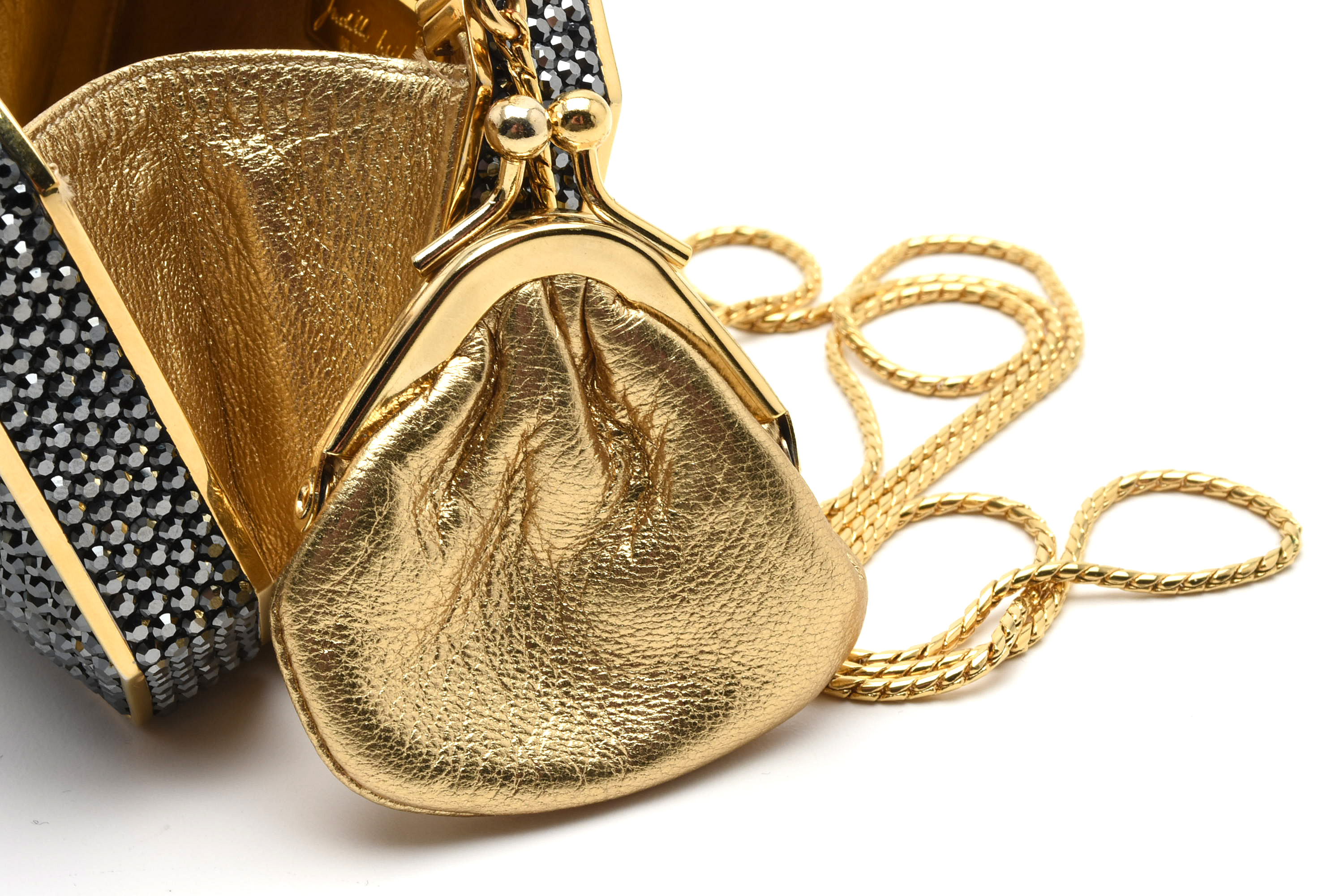 Judith Leiber Black Swarovski Crystal Minaudière Evening Bag with Accoutrements