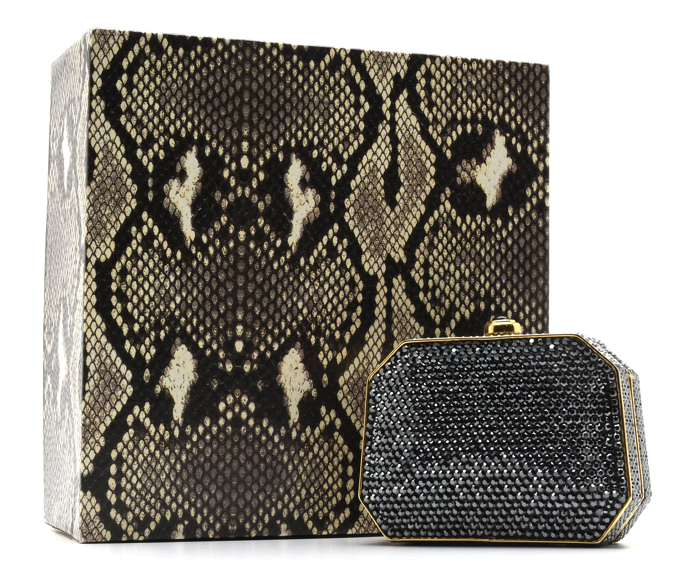 Judith Leiber Black Swarovski Crystal Minaudière Evening Bag with Accoutrements