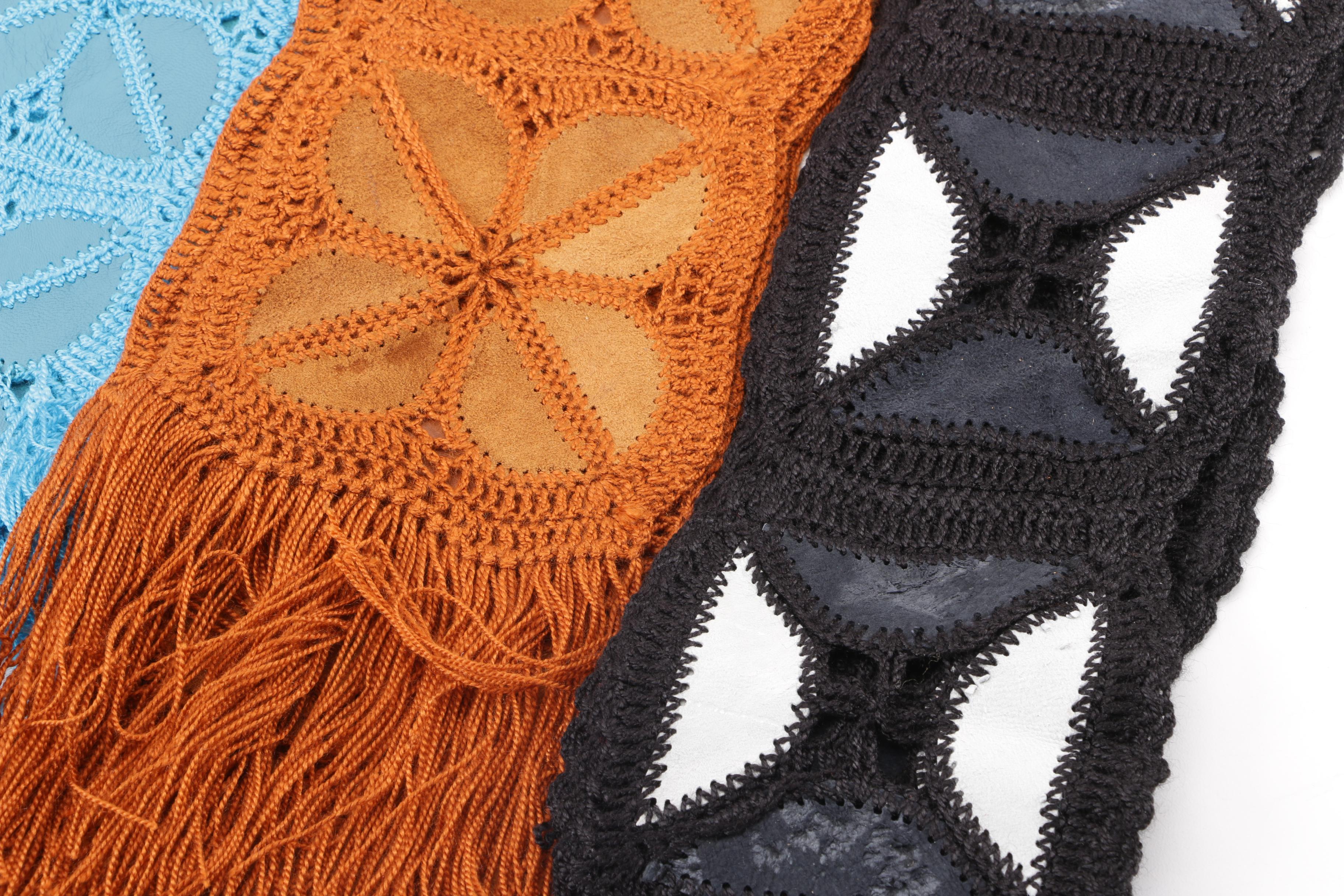 1970s Vintage Knit Scarves with Suede Accents