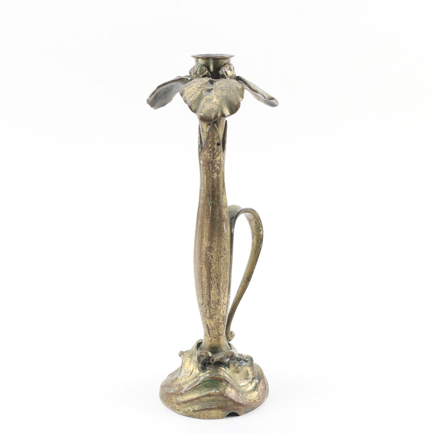 Art Nouveau Style Brass-Plated Candlestick