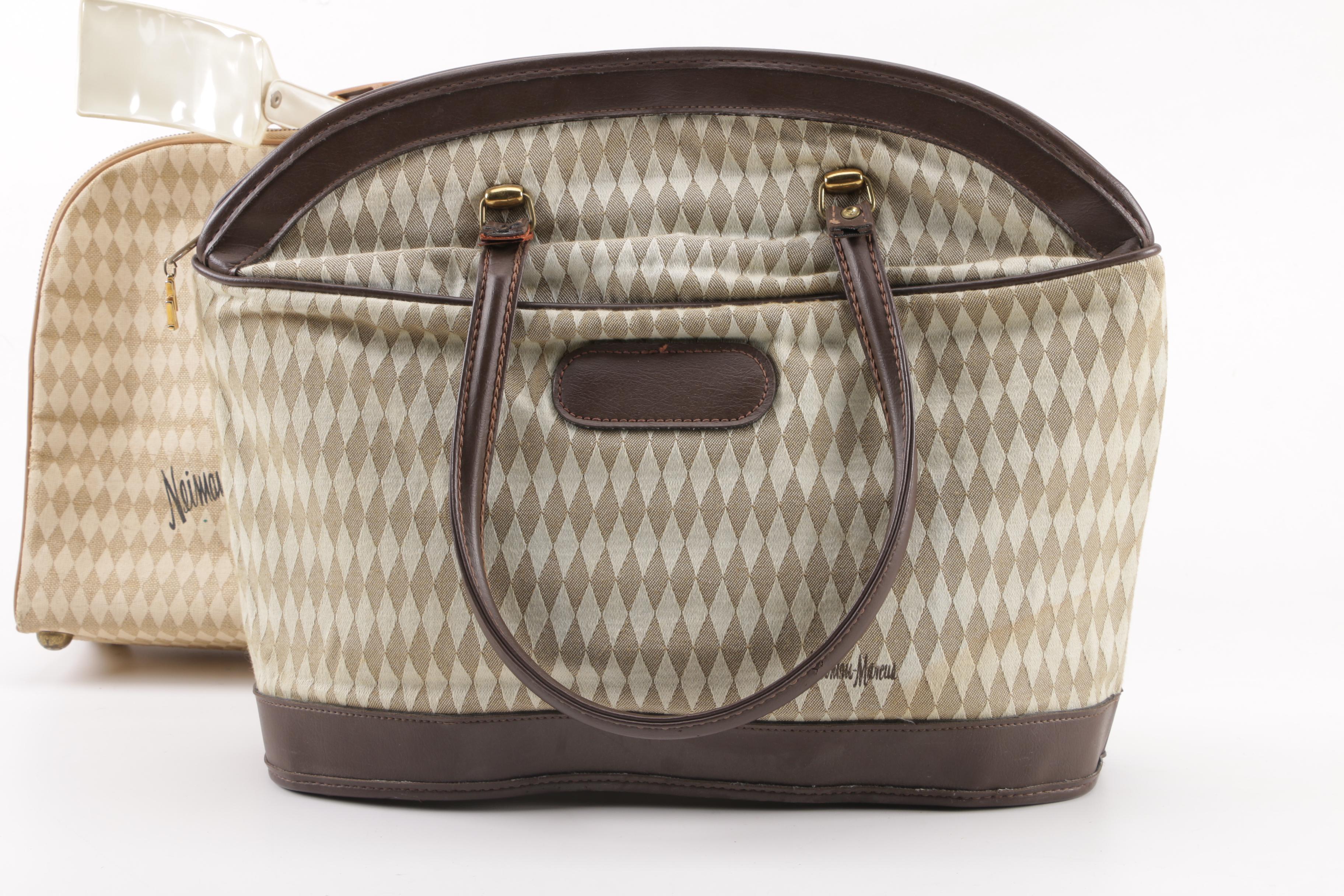 1960s Vintage Neiman Marcus Harlequin Print Tote and Luggage Set