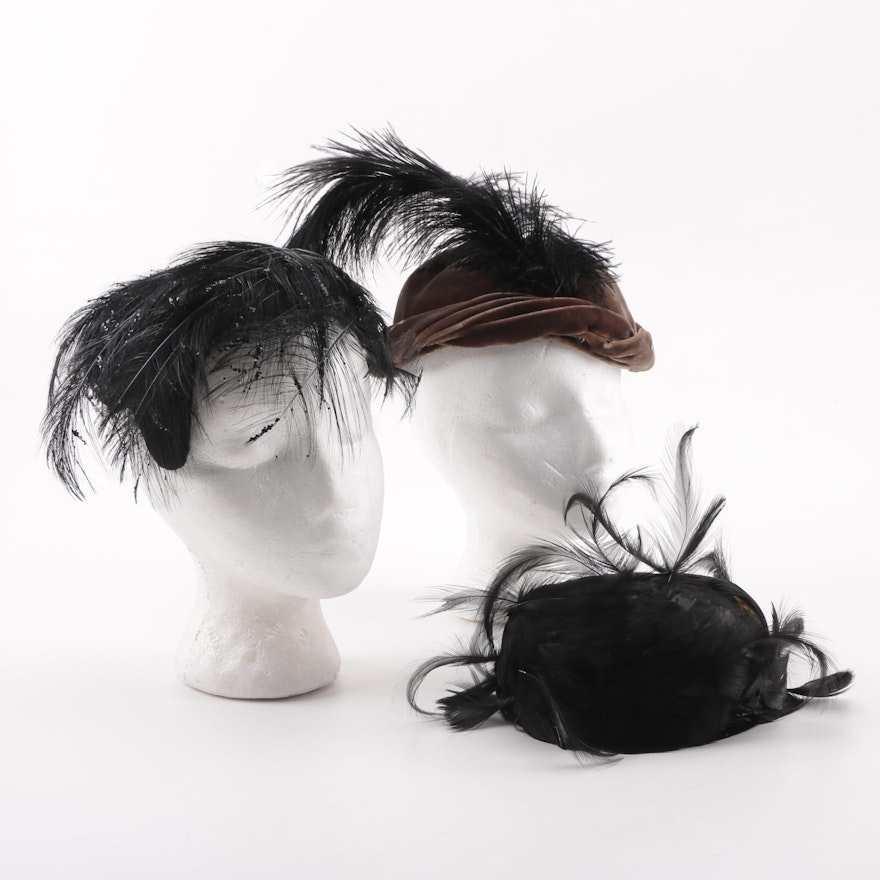 1950s Velvet and Feather Evening Hats Including Ostrich and Hat Box