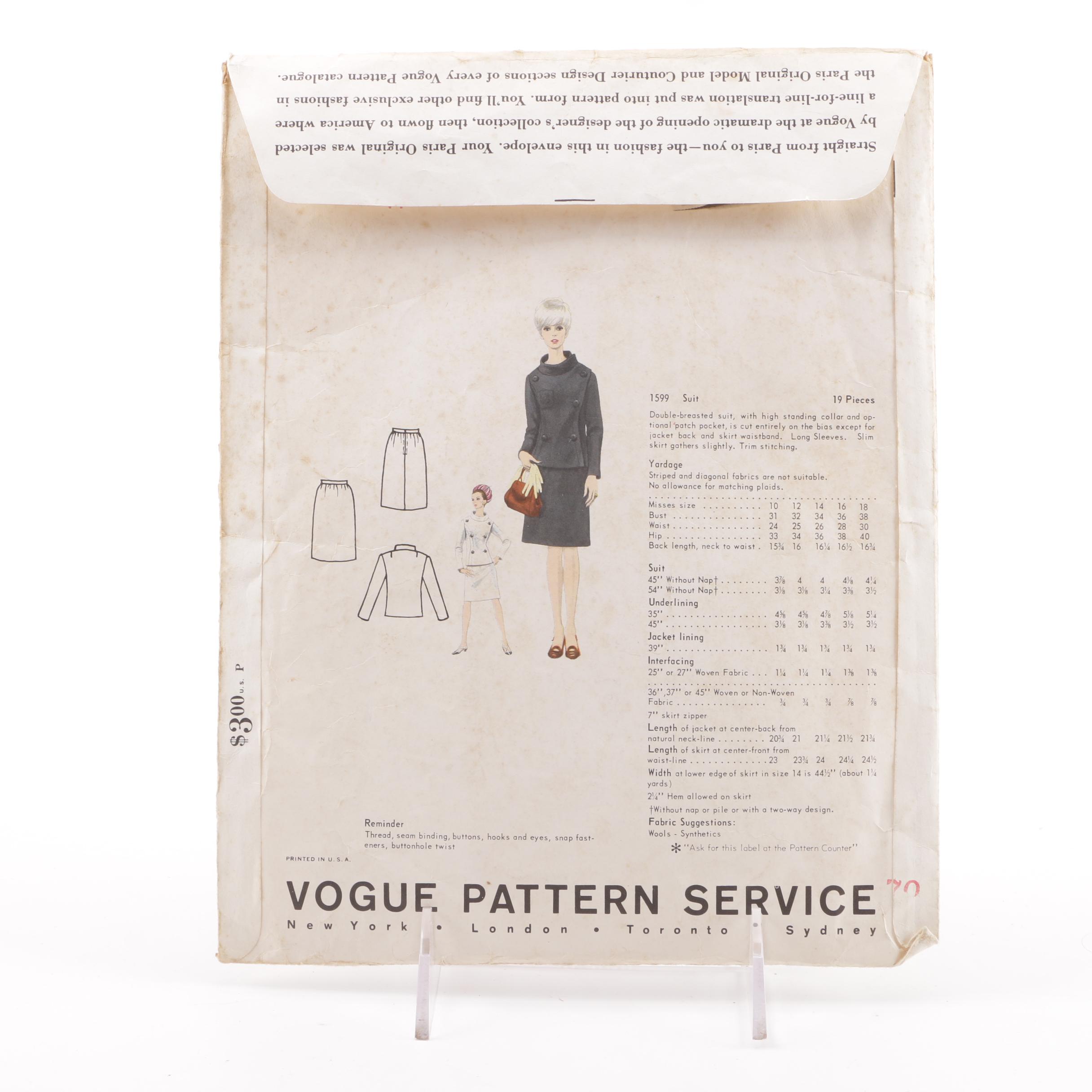 Vogue Paris Original Pierre Cardin Suit Sewing Pattern, c. 1960s