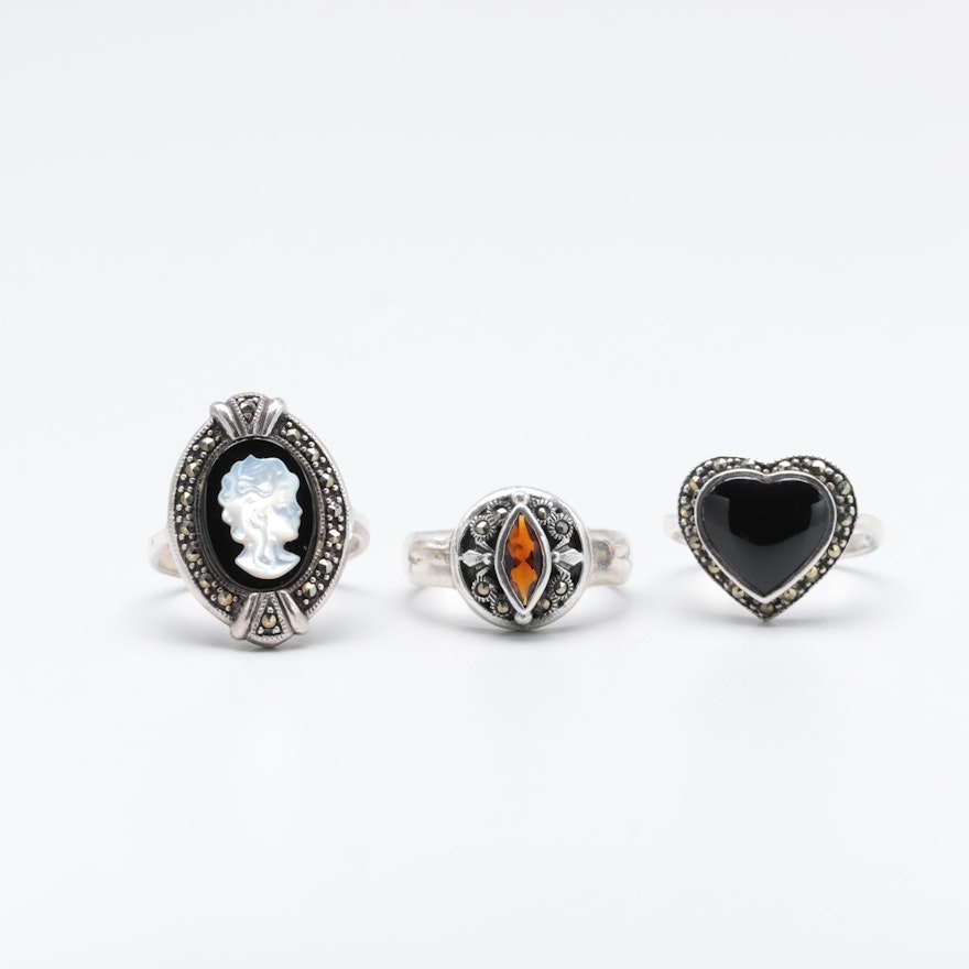 Sterling Silver Garnet, Black Onyx and Marcasite Rings