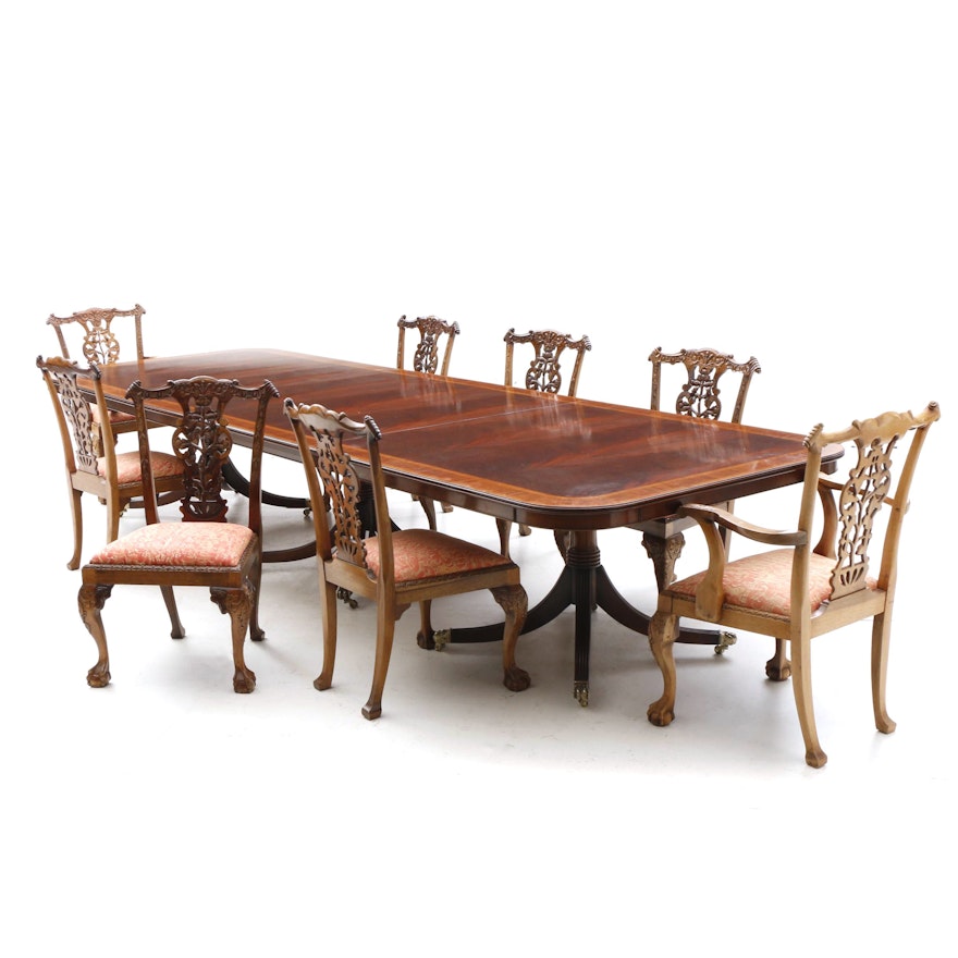 Chippendale Style Mahogany Dining Table and Eight Chairs, 20th Century