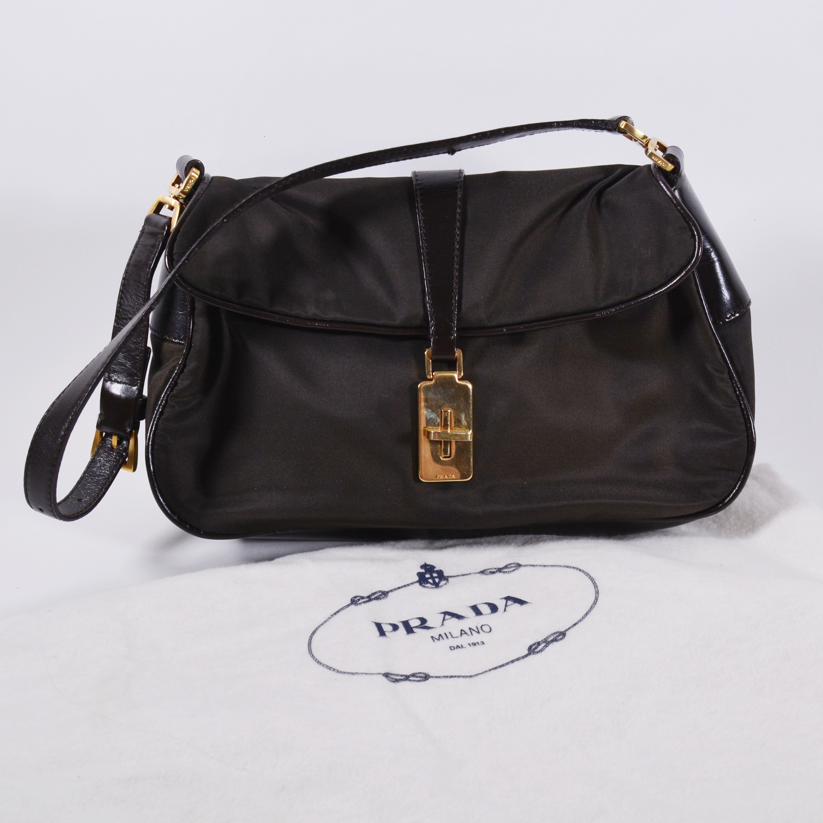 Prada Chocolate Brown Nylon and Leather Handbag