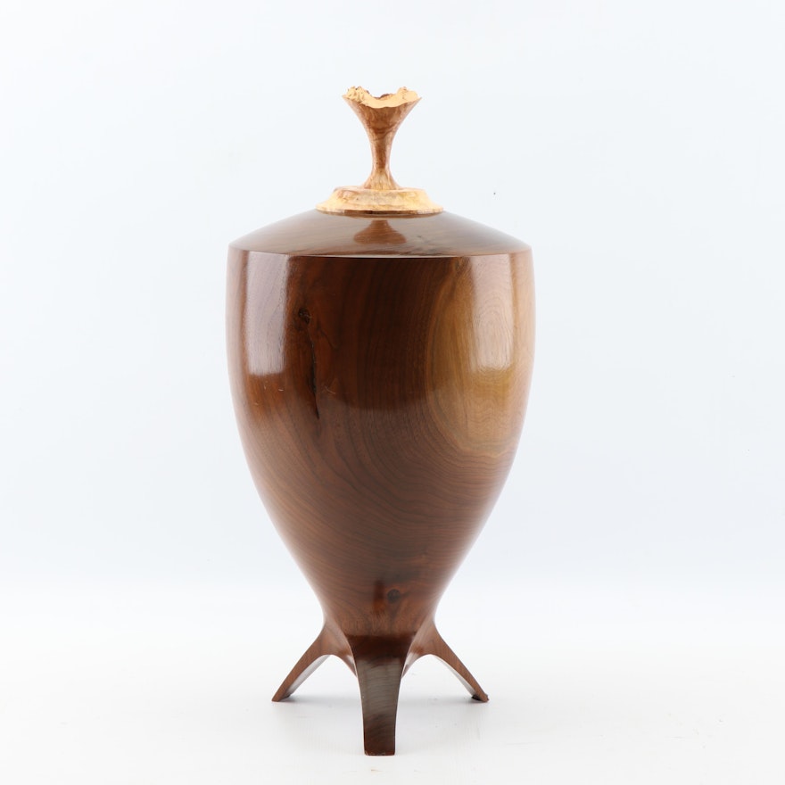 B. Philips Carved Maple and Burled Walnut Decorative Urn