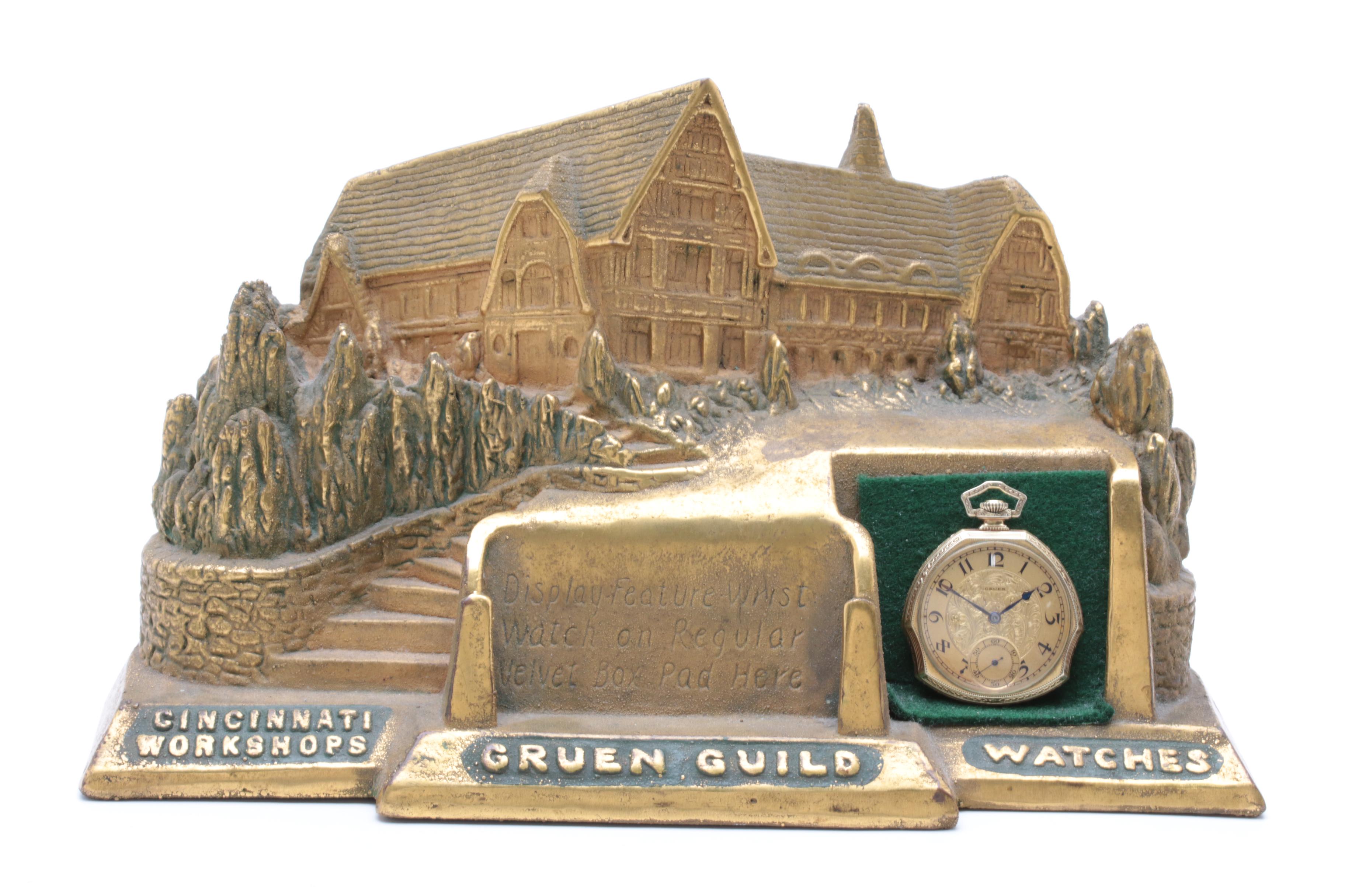 Vintage Gruen Gold Filled Patented Shape Pocket Watch and Time Hill Display