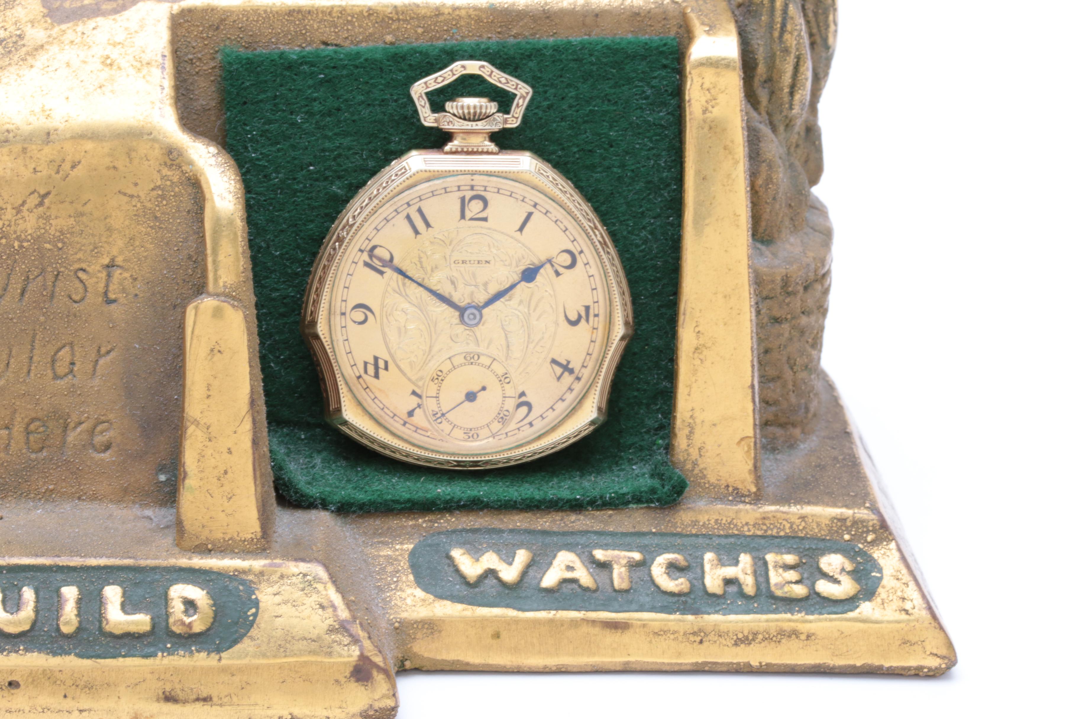 Vintage Gruen Gold Filled Patented Shape Pocket Watch and Time Hill Display